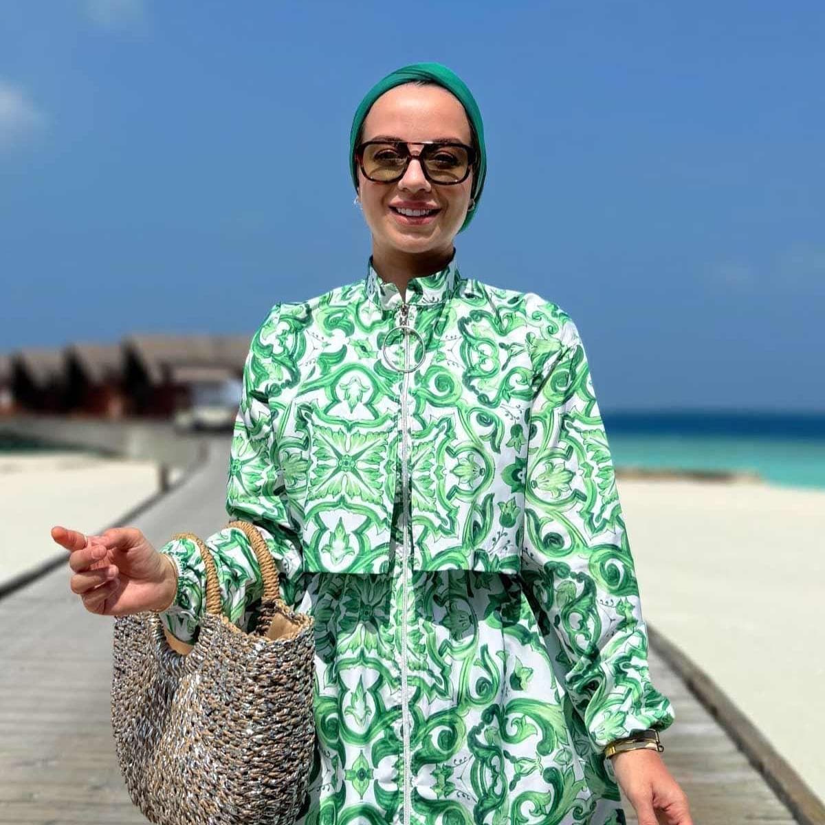 Green Patterned Modest Hijab Swimsuit for Women, Full-Cover Swimwear with Belt, Perfect for Beach and Pool Days, Quick Dry Fabric,(KH-1204) - image 3
