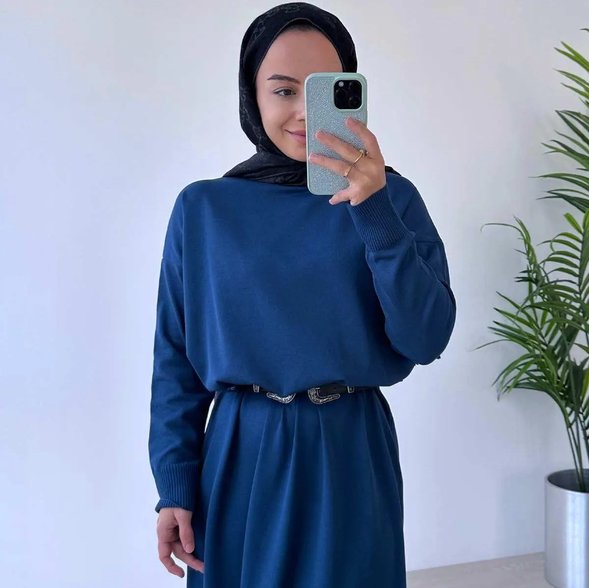 Petrol Blue Mercerized Knitwear Dress - Modest Long Sleeve Women’s Fashion for Casual - Formal Wear - Soft & Comfortable Outfit,(KH-1718) - image 3