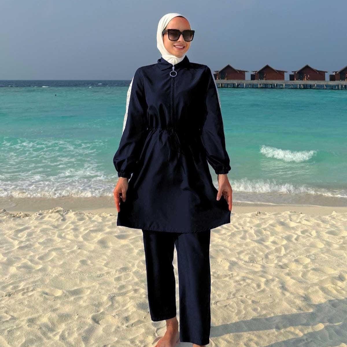 Sequin Detail Navy Blue Modest Swimsuit Set | 2-Piece Quick Dry Full Coverage Hijab Swimwear for Muslim Women | Summer Burkini,(KH-2073) - image 4