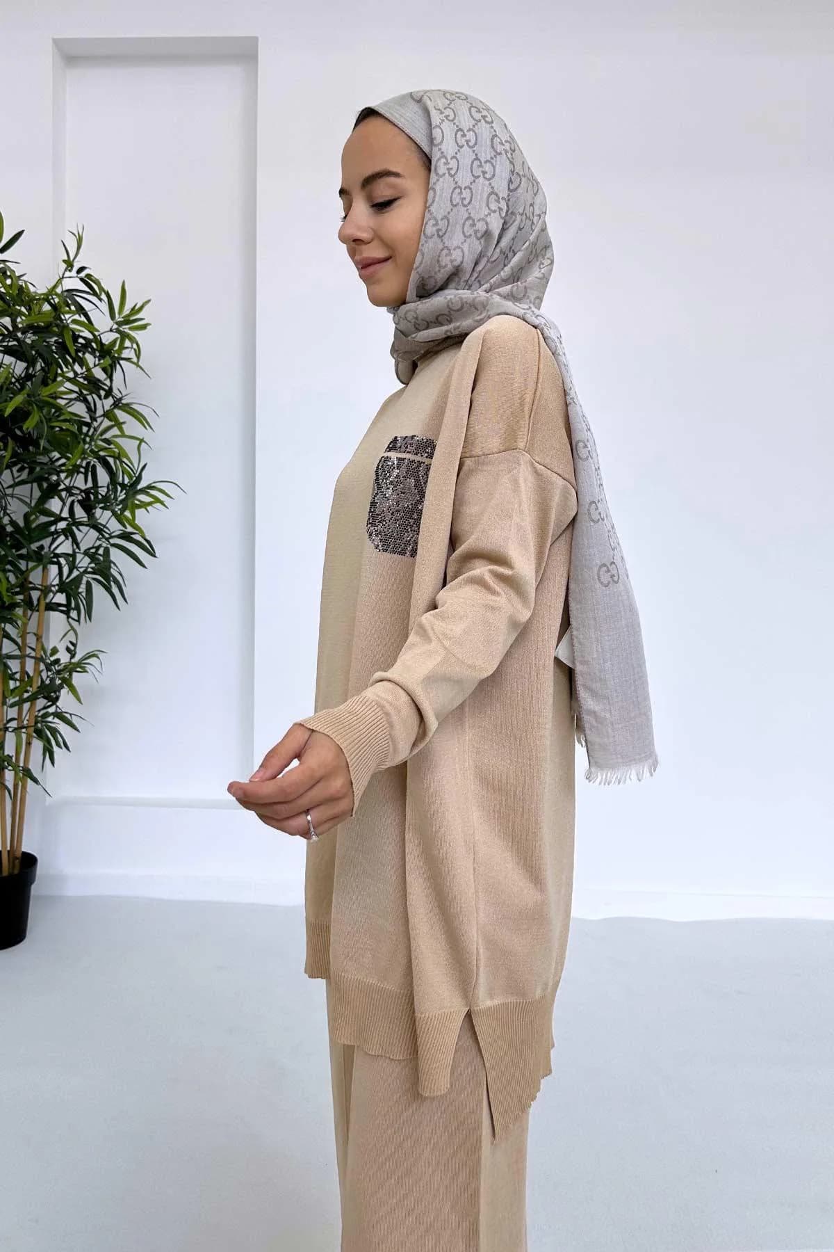 Cappuccino Stoned Pocket Mercerized Suit – Elegant Modest Outfit for Casual, Office, or Evening Wear – Two-Piece Women’s Set,(KH-1892) - image 4