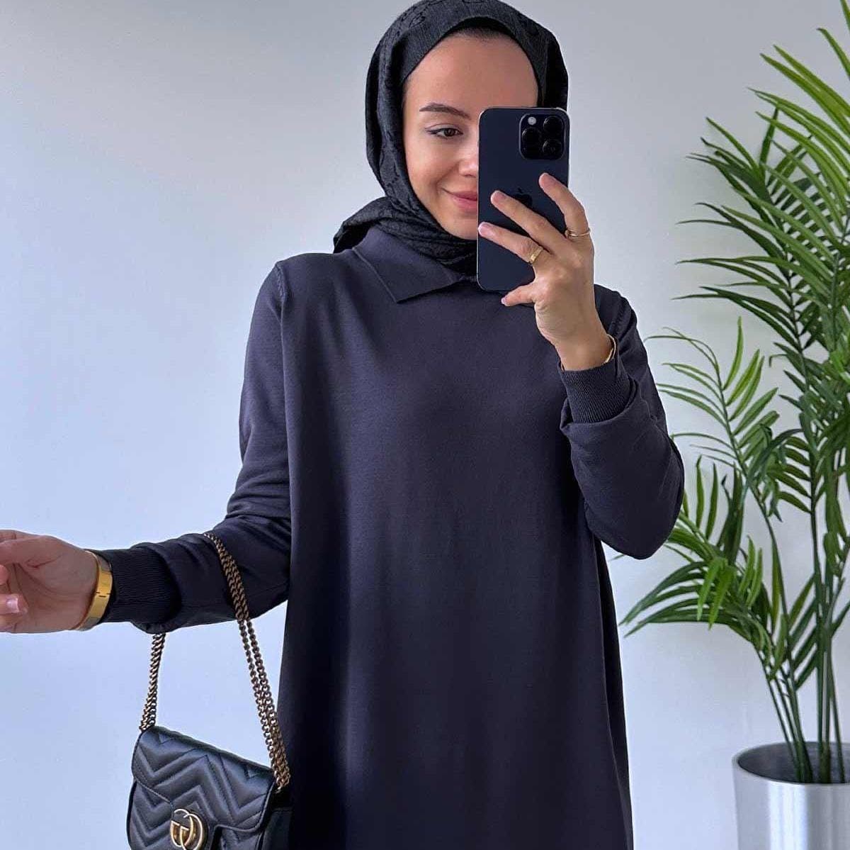 Elegant Shirt Collar Mercerized Dress for Modest Fashion - Smoky Gray Long-Sleeve Dress for Everyday & Special Occasions,(KH-2011) - image 3