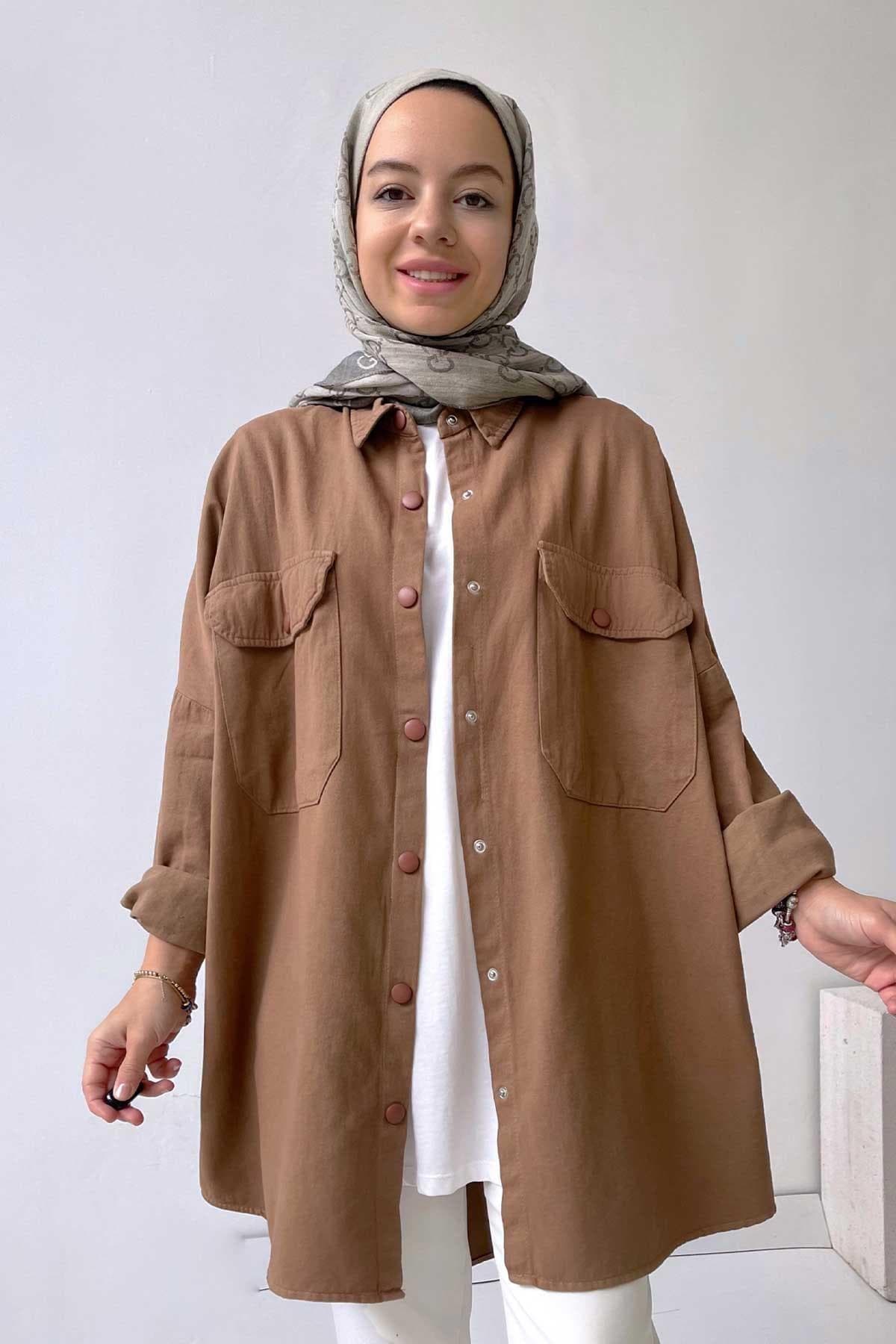 Brown Gabardine Oversized Shirt: Relaxed Fit, Pockets (Sizes 36-44) - image 4
