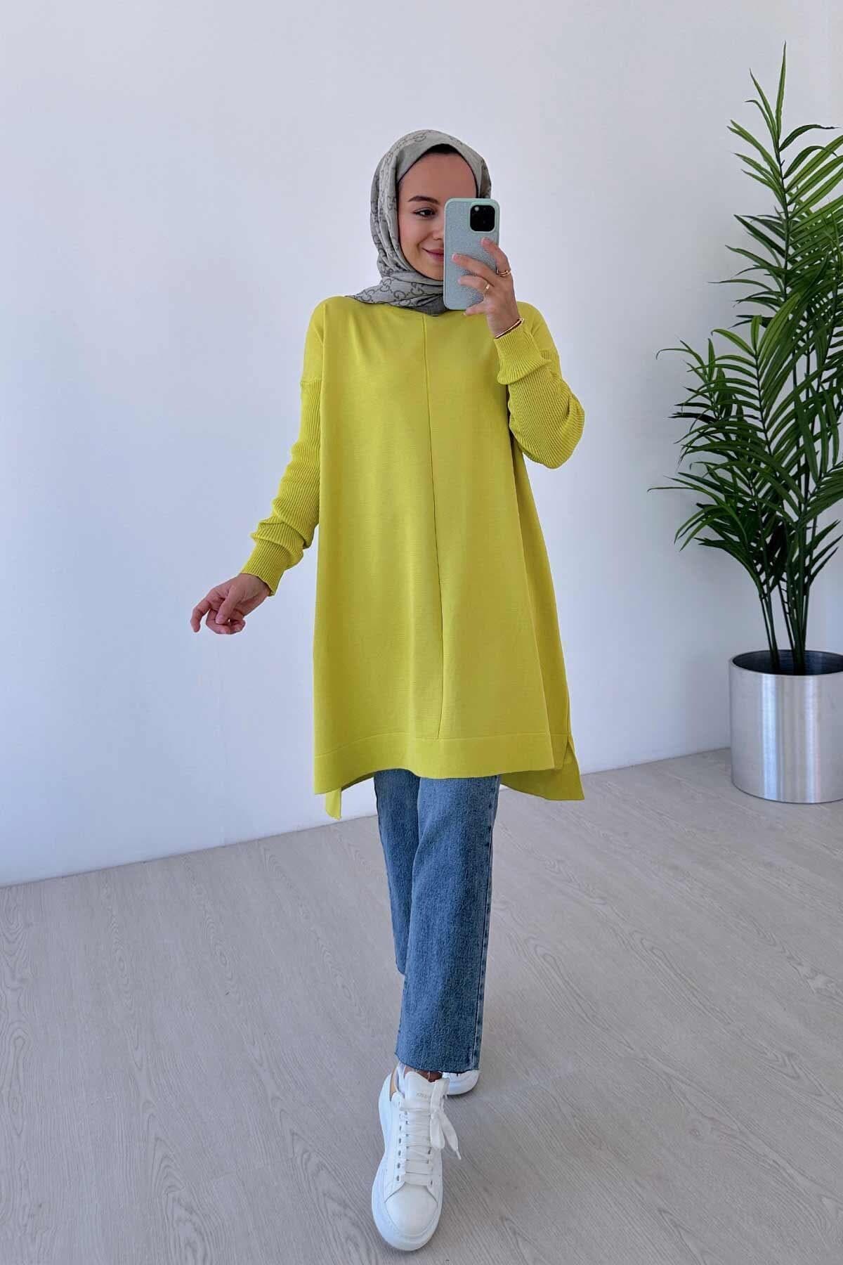 Elegant Oil Green Mercerized Tunic | Lightweight Modest Fashion | Asymmetrical Hem | Comfortable Knitwear for Every Occasion,(KH-1747) - image 2