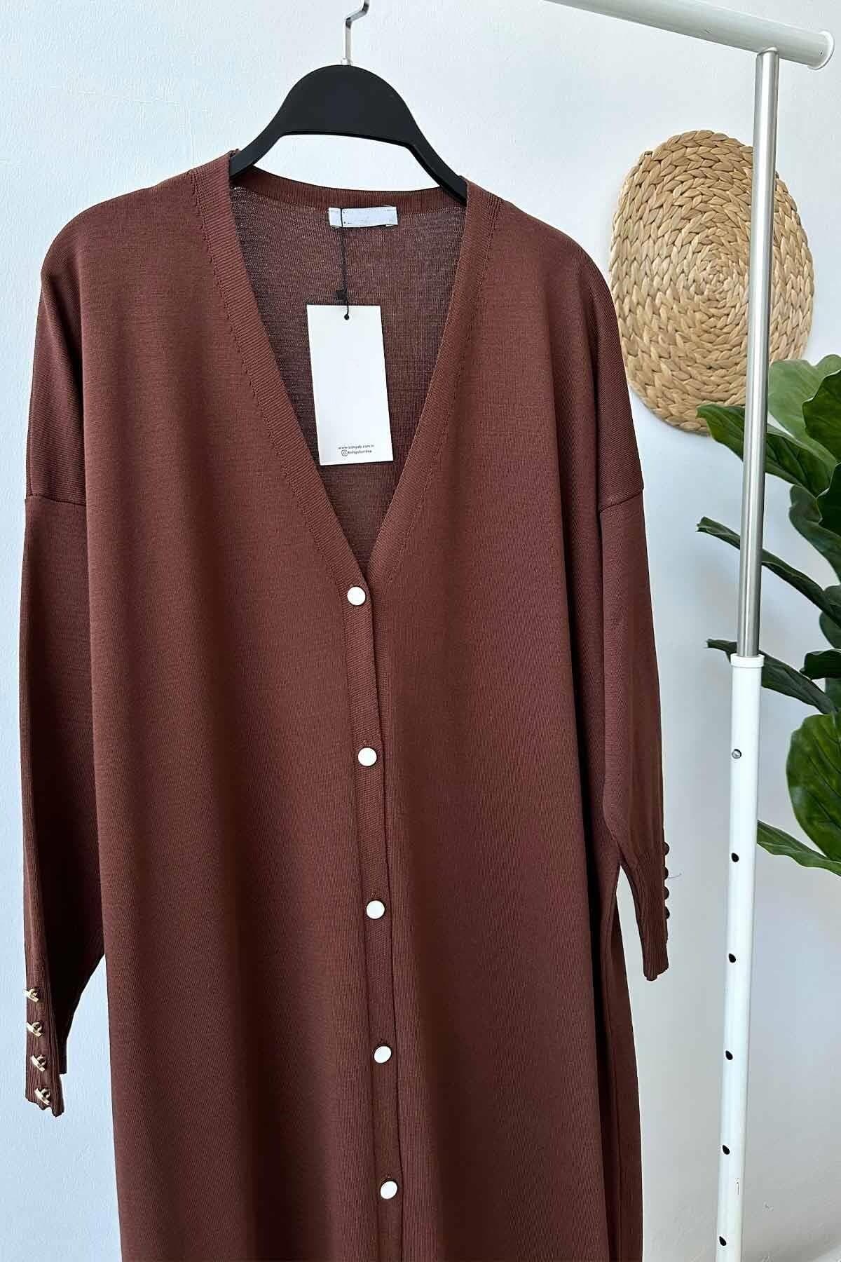 Brown Maxi Length Buttoned Mercerized Cardigan | Elegant Triko Fabric with Pearl Detail | Modest Wear for All Seasons,(KH-1804) - image 3