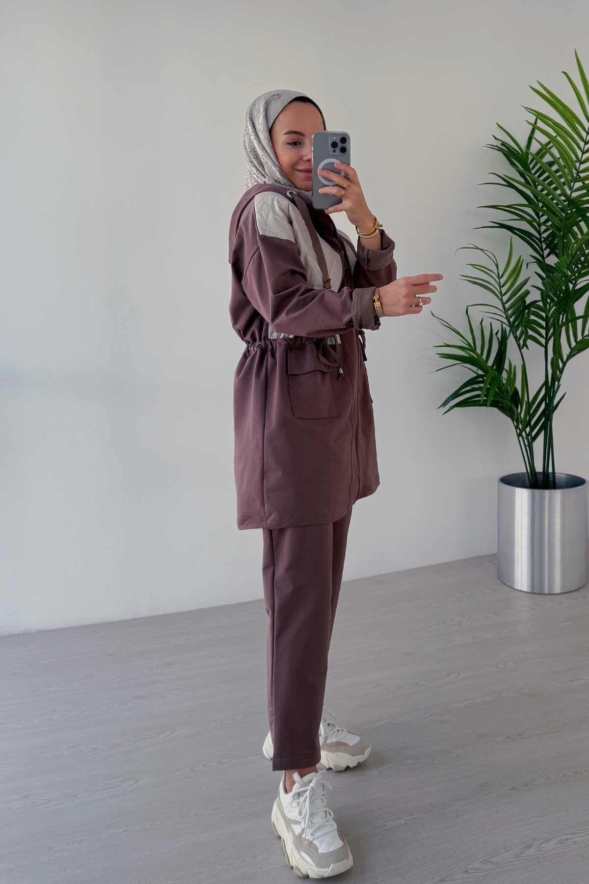 Modest Two-Piece Set | Rope Binding Hoodie - Pants | Double Pocket Cover | Casual & Stylish | Brown Two-Thread Fabric Outfit,(KH-2019)