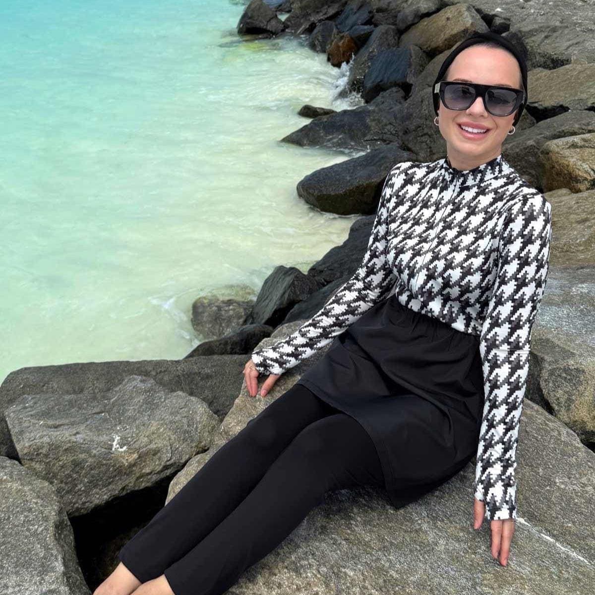 4 Piece Hijab Swimsuit Set - Modest Burkini with Skirt, Leggings, Top & Shawl - Quick Dry Full Coverage Swimwear Black,(KH-2074)