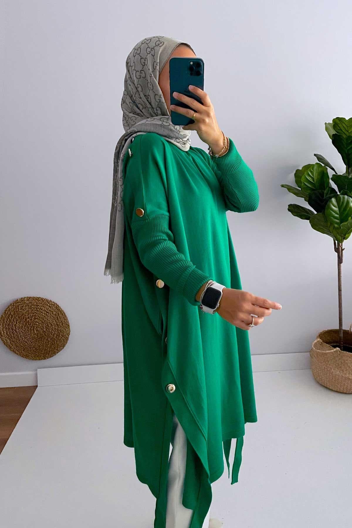 Elegant Green Poncho with Button Details, Versatile Women's Knitwear for Casual and Formal Outfits, Modest Fashion Staple,(KH-1311) - image 5