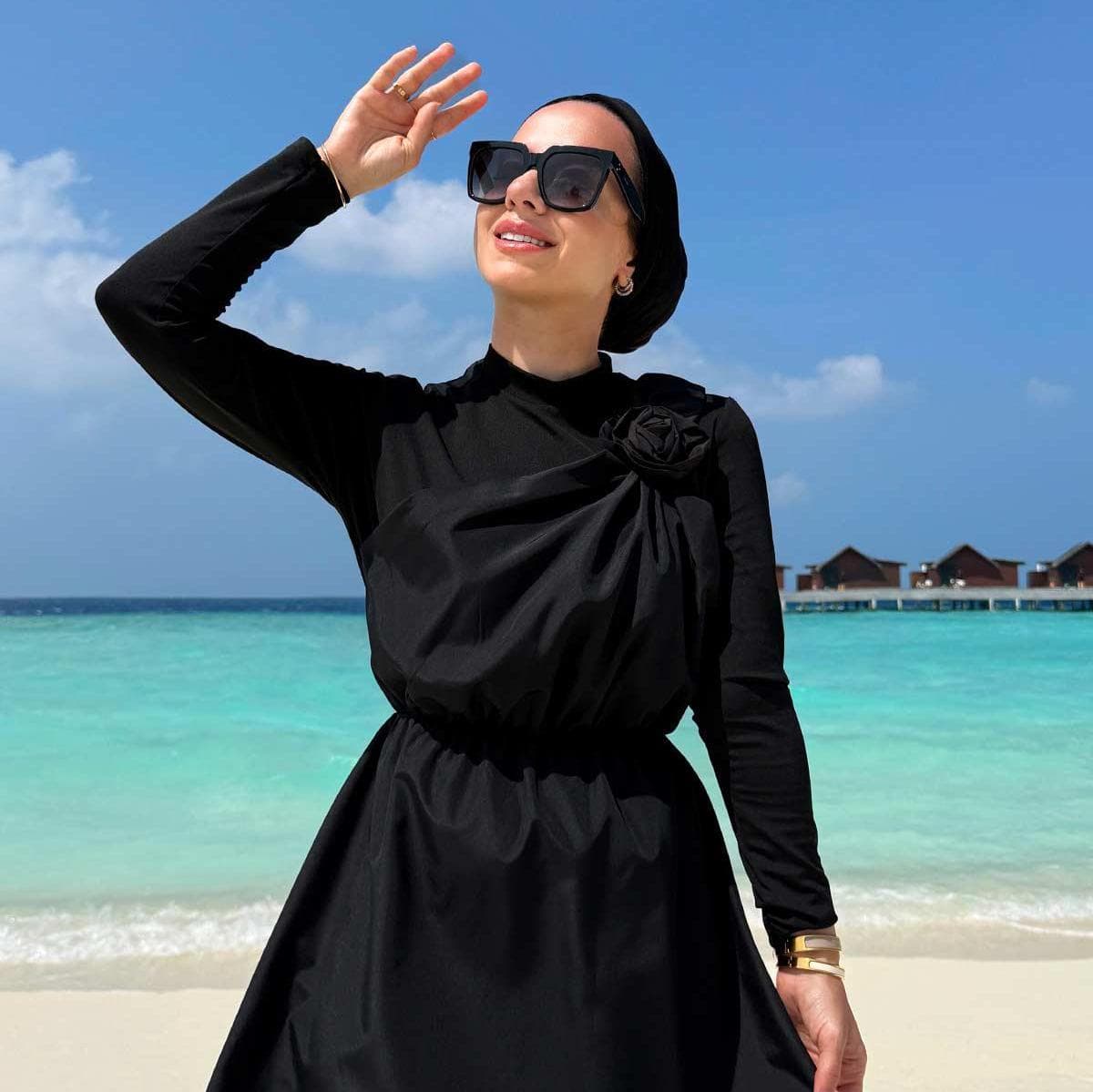 Rose Detail Modest Swimsuit - Full Coverage Islamic Swimwear, Burkini with Long Sleeves, Modest Beachwear, Quick Drying Fabric,(KH-1952) - image 4