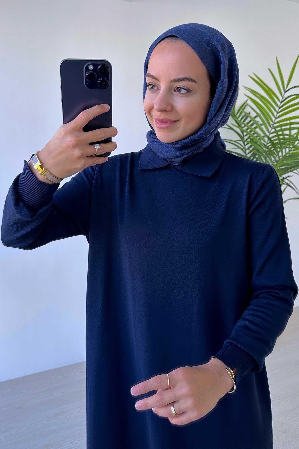 Elegant Shirt Collar Mercerized Dress – Navy Blue Modest Wear, Long Sleeve, Comfortable Daily Outfit, Available in Sizes 36-42,(KH-2011) - image 5