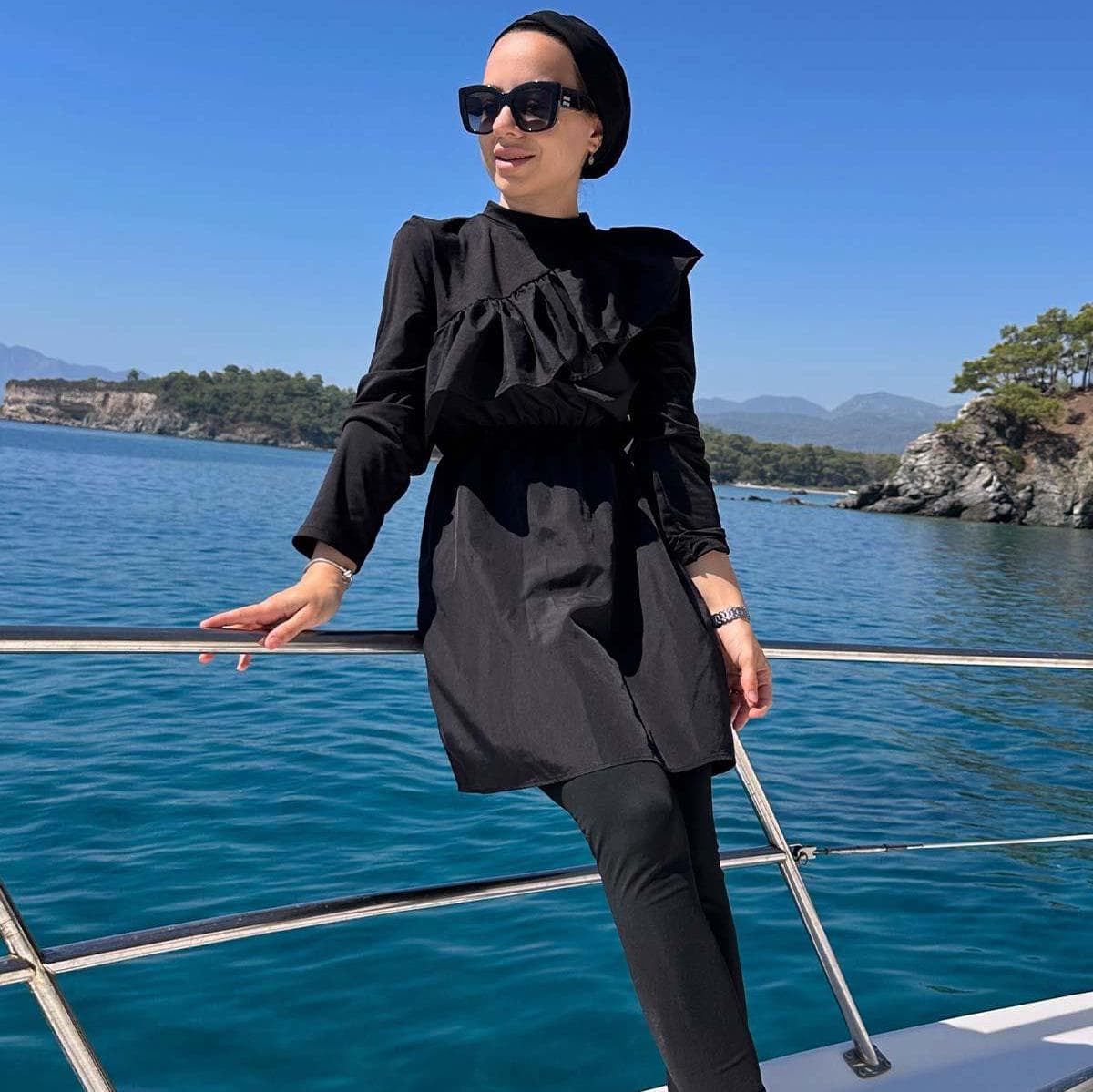 Ruffle Detail Modest Swimsuit | Elegant Black Hijab Swimwear | Full-Coverage Swimsuit for Muslim Women | Modest Beach Outfit,(KH-1204) - image 3