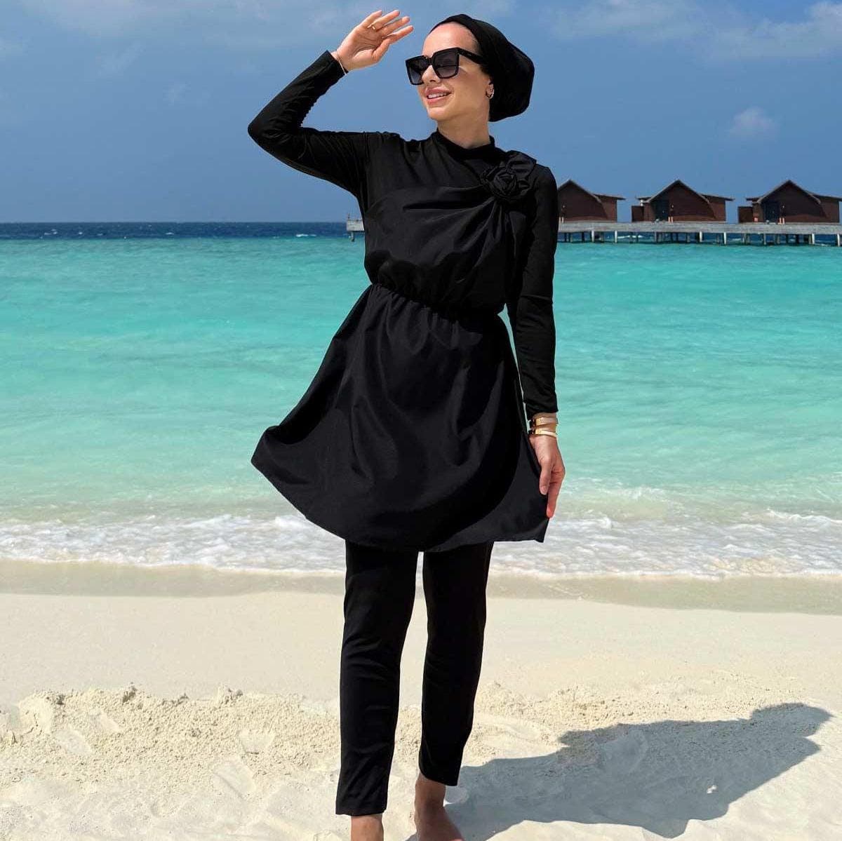 Rose Detail Modest Swimsuit - Full Coverage Islamic Swimwear, Burkini with Long Sleeves, Modest Beachwear, Quick Drying Fabric,(KH-1952) - image 3