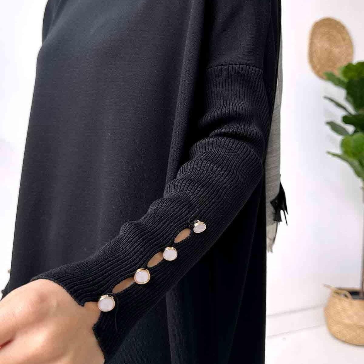 Elegant Black Mercerized Tunic with Pearl Button Sleeve Detail-Modest Wear for Women-Stylish Long Tunic for Casual & Formal Looks,(KH-1795) - image 5