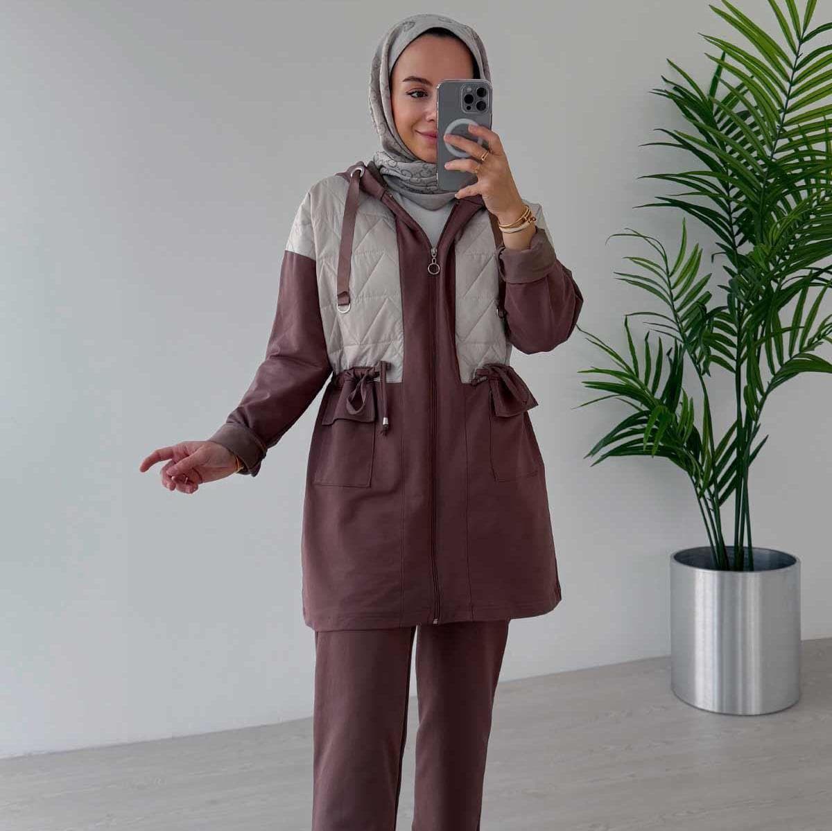 Modest Two-Piece Set | Rope Binding Hoodie - Pants | Double Pocket Cover | Casual & Stylish | Brown Two-Thread Fabric Outfit,(KH-2019) - image 4