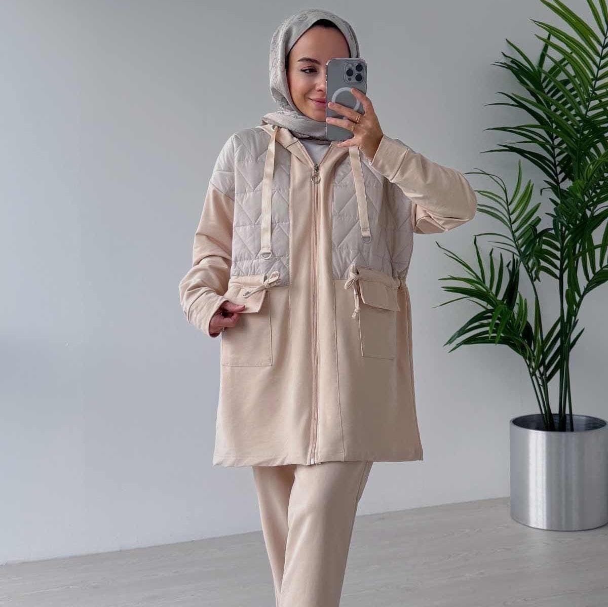 Elegant Modest White Outfit | Two-Piece Set with Pockets | Hooded Tunic & Matching Pants | Comfortable  Chic Daily Wear,(KH-2019)