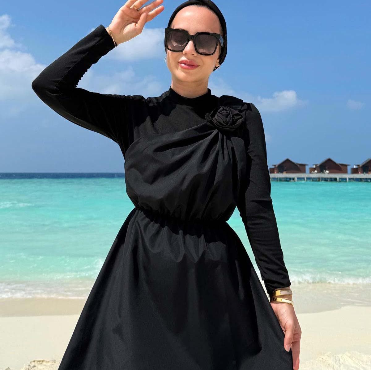 Rose Detail Modest Swimsuit - Full Coverage Islamic Swimwear, Burkini with Long Sleeves, Modest Beachwear, Quick Drying Fabric,(KH-1952)