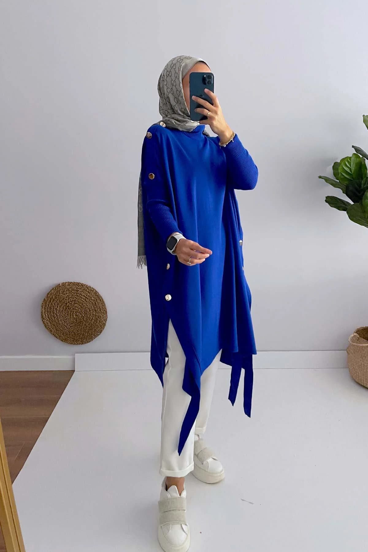 Sax Blue Buttoned Poncho for Women - Perfect Modest Wear - Elegant, Practical, and Ideal for Layering All Year Long,(KH-1311) - image 3