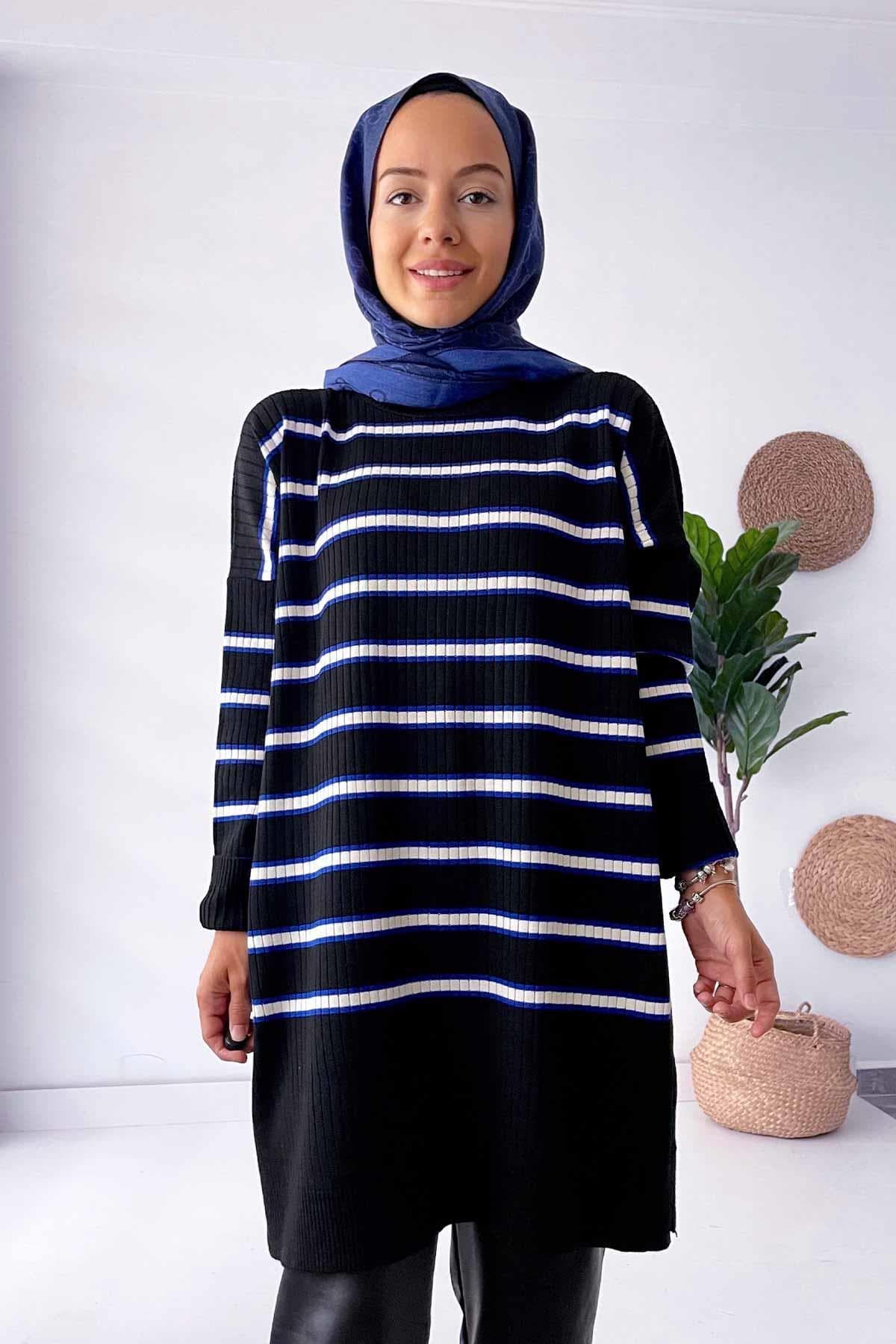Black and Sax Blue Knitwear Tunic - Stylish Striped Long Sweater for Women, Modest and Trendy, Perfect for Everyday Casual Wear,(KH-1339) - image 3
