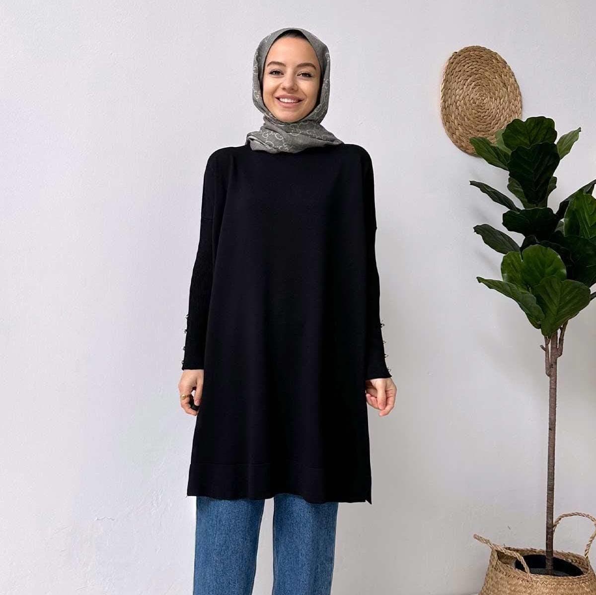 Elegant Black Mercerized Tunic with Pearl Button Sleeve Detail-Modest Wear for Women-Stylish Long Tunic for Casual & Formal Looks,(KH-1795) - image 3