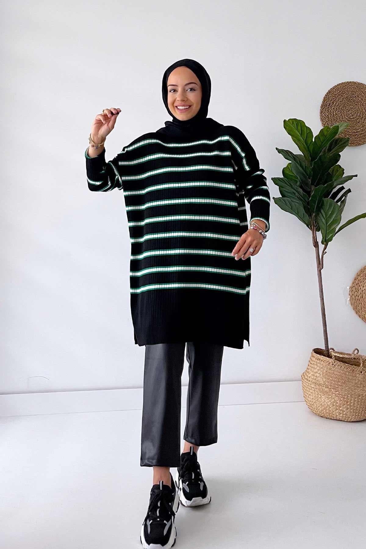 Black and Green Knitwear Tunic - Modest Striped Long Sweater for Women, Trendy and Cozy, Perfect for Casual and Everyday Wear,(KH-1339)
