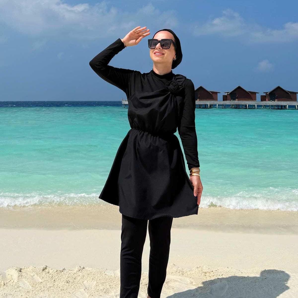 Rose Detail Modest Swimsuit - Full Coverage Islamic Swimwear, Burkini with Long Sleeves, Modest Beachwear, Quick Drying Fabric,(KH-1952) - image 5