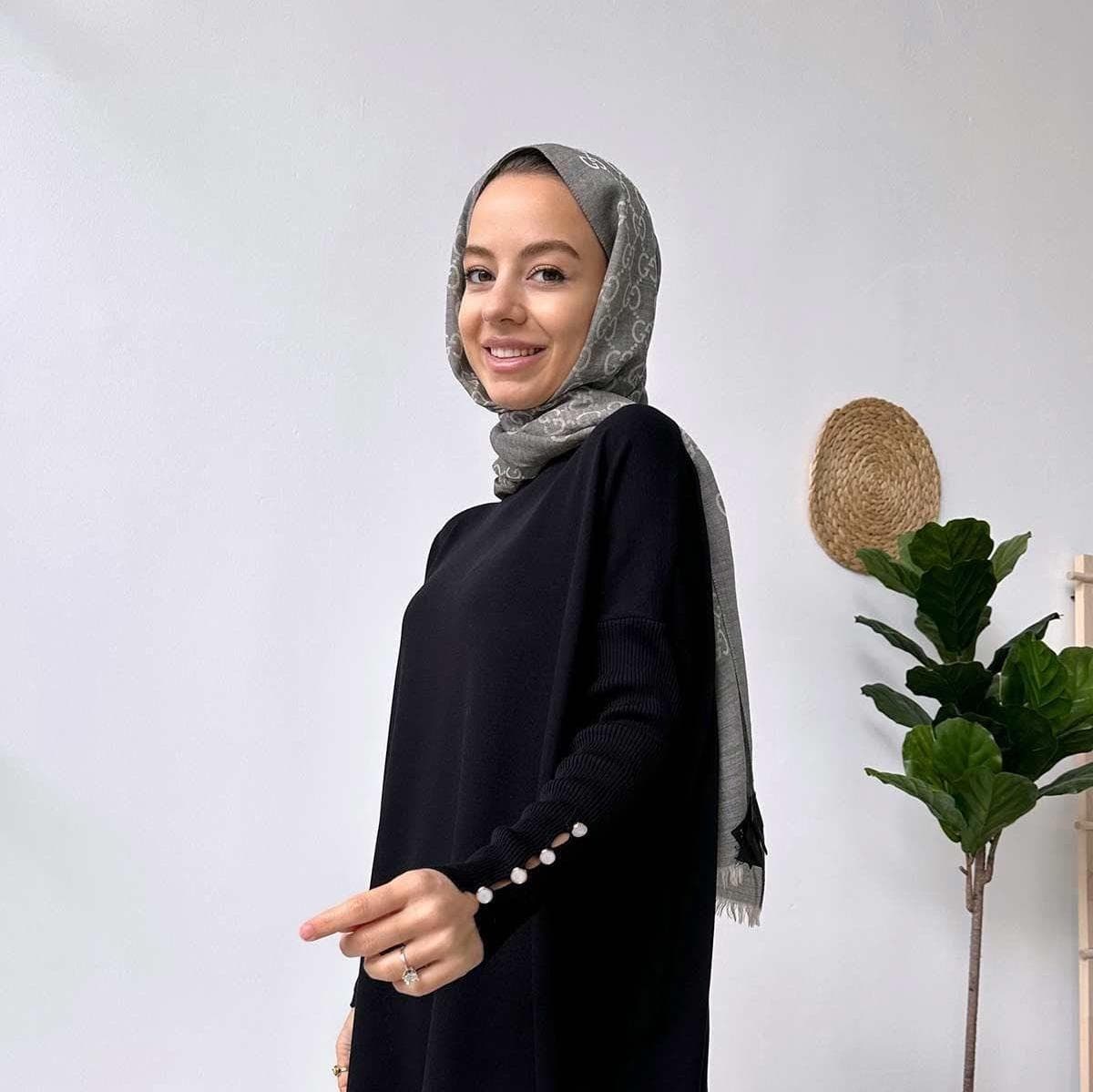 Elegant Black Mercerized Tunic with Pearl Button Sleeve Detail-Modest Wear for Women-Stylish Long Tunic for Casual & Formal Looks,(KH-1795)