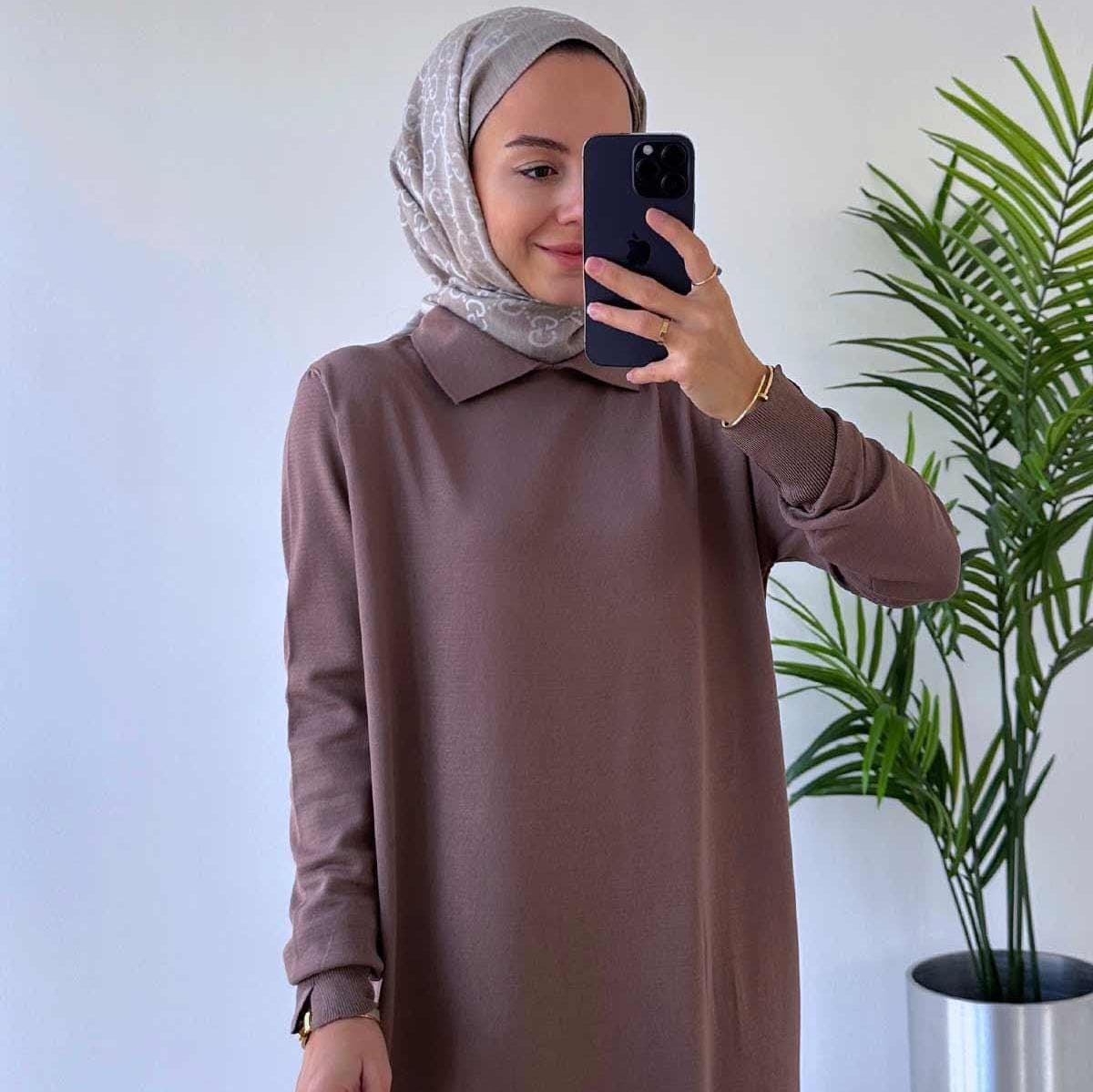 Mink Shirt Collar Mercerized Dress for Modest Fashion – Elegant Long Sleeve Tunic Dress, Perfect for Every Occasion,(KH-2011)