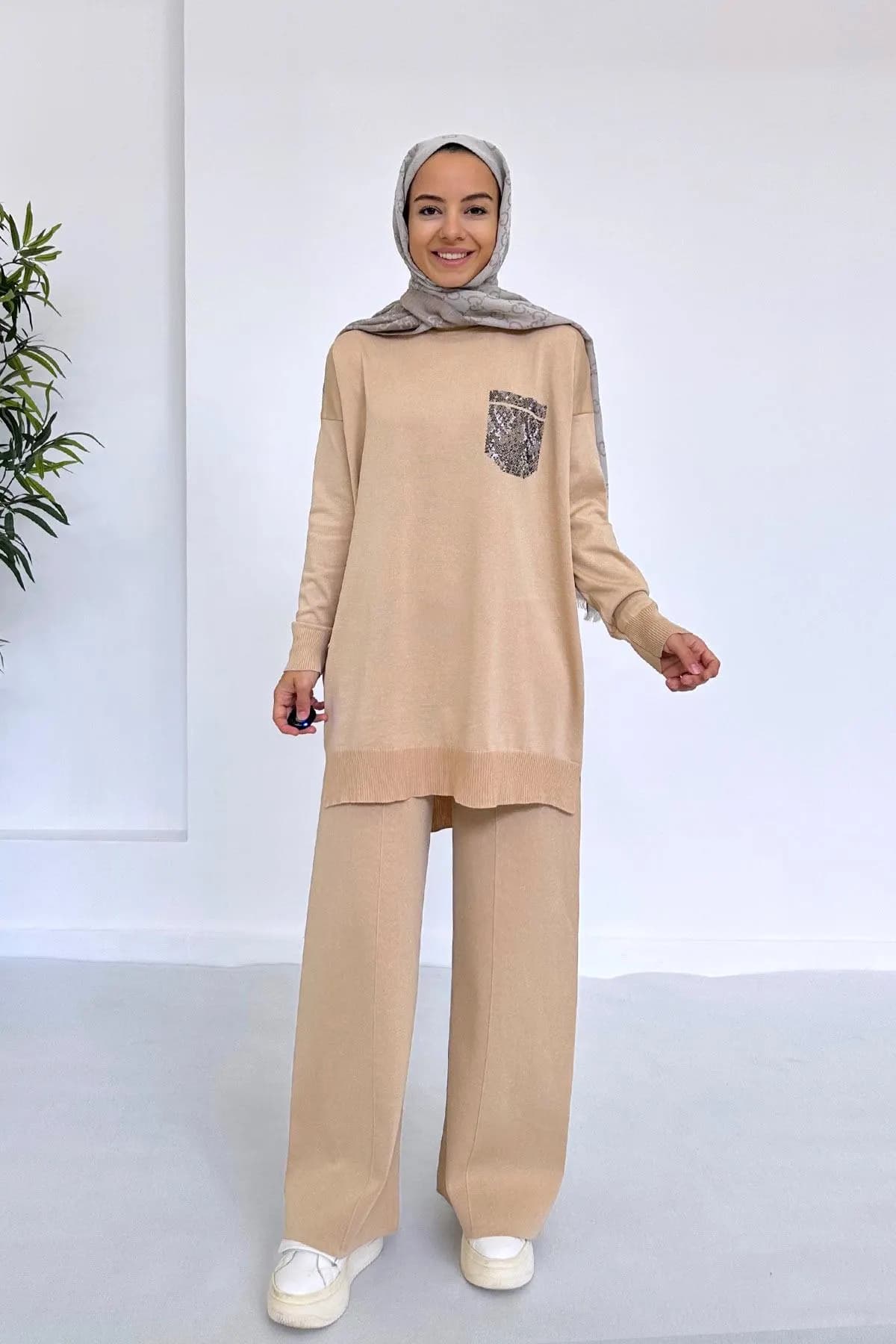 Cappuccino Stoned Pocket Mercerized Suit – Elegant Modest Outfit for Casual, Office, or Evening Wear – Two-Piece Women’s Set,(KH-1892) - image 5