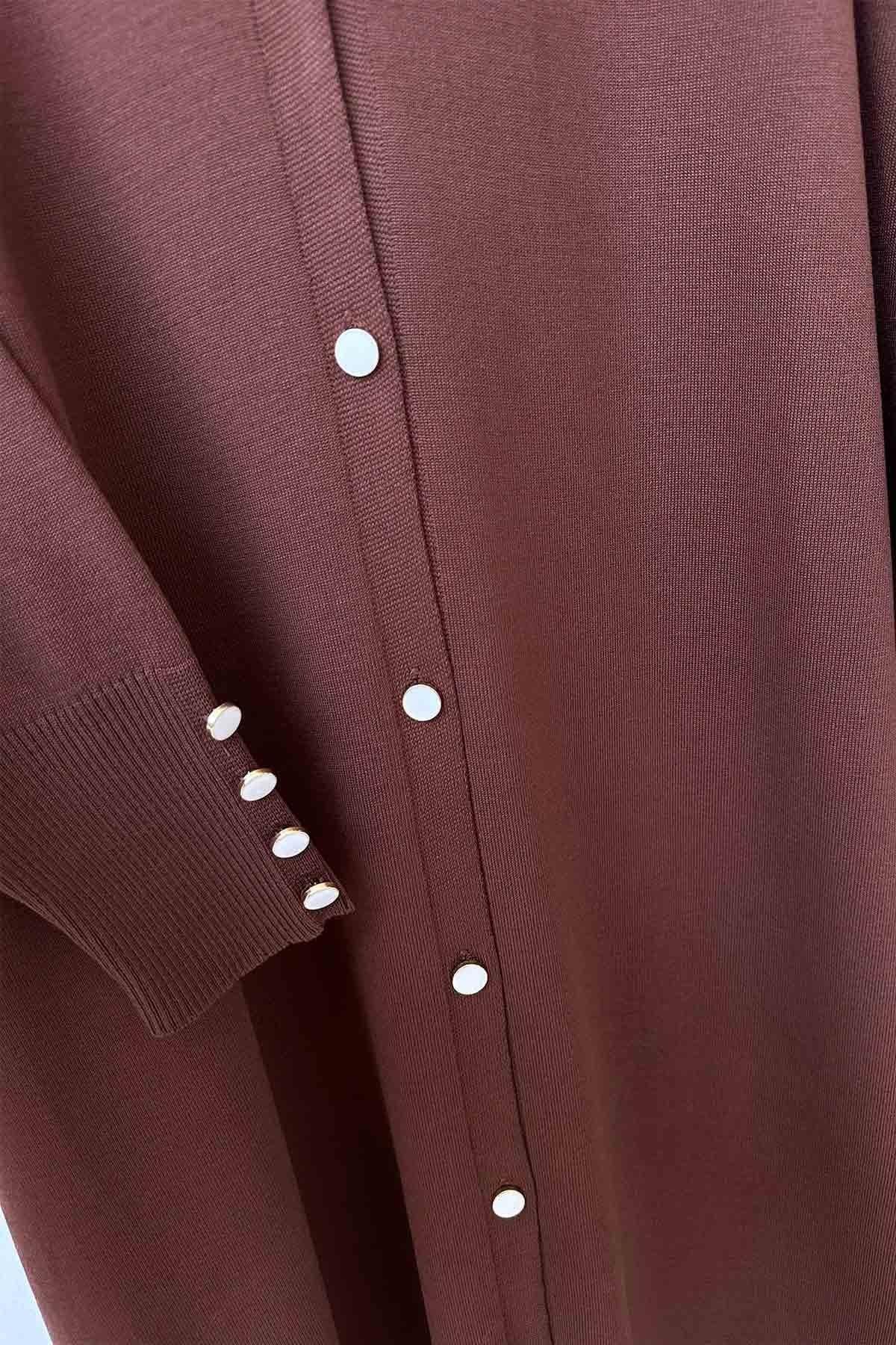 Brown Maxi Length Buttoned Mercerized Cardigan | Elegant Triko Fabric with Pearl Detail | Modest Wear for All Seasons,(KH-1804) - image 4