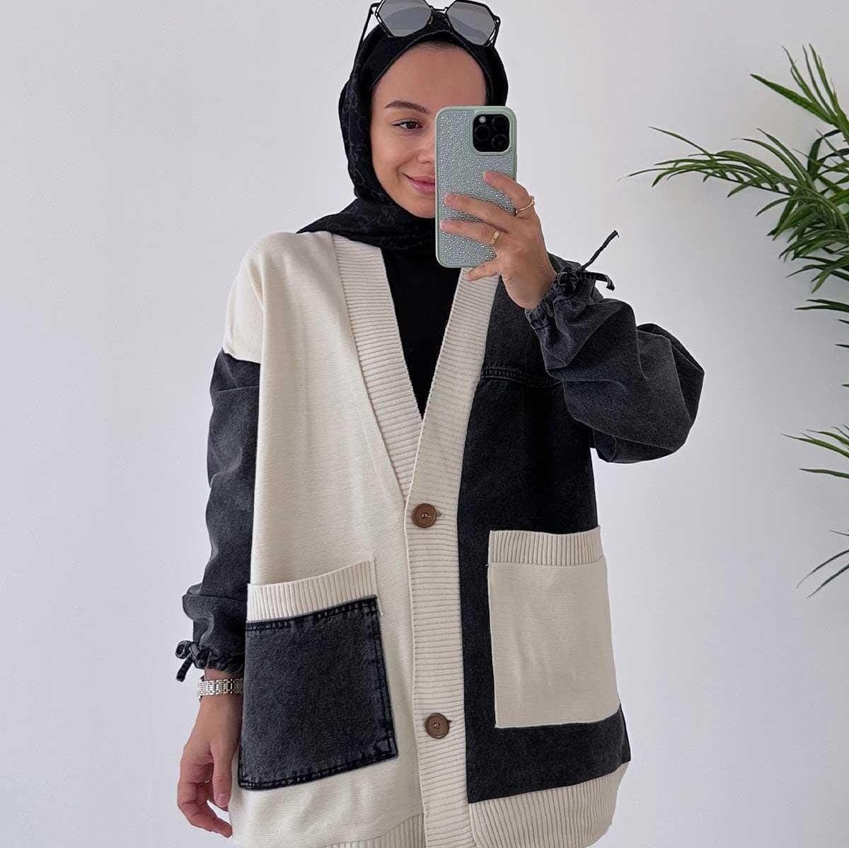 Double Pocket Knit Cardigan for Women – Chic Denim Fabric, Versatile Casual Outerwear, Perfect for Everyday and Layering Needs, (KH-1879)