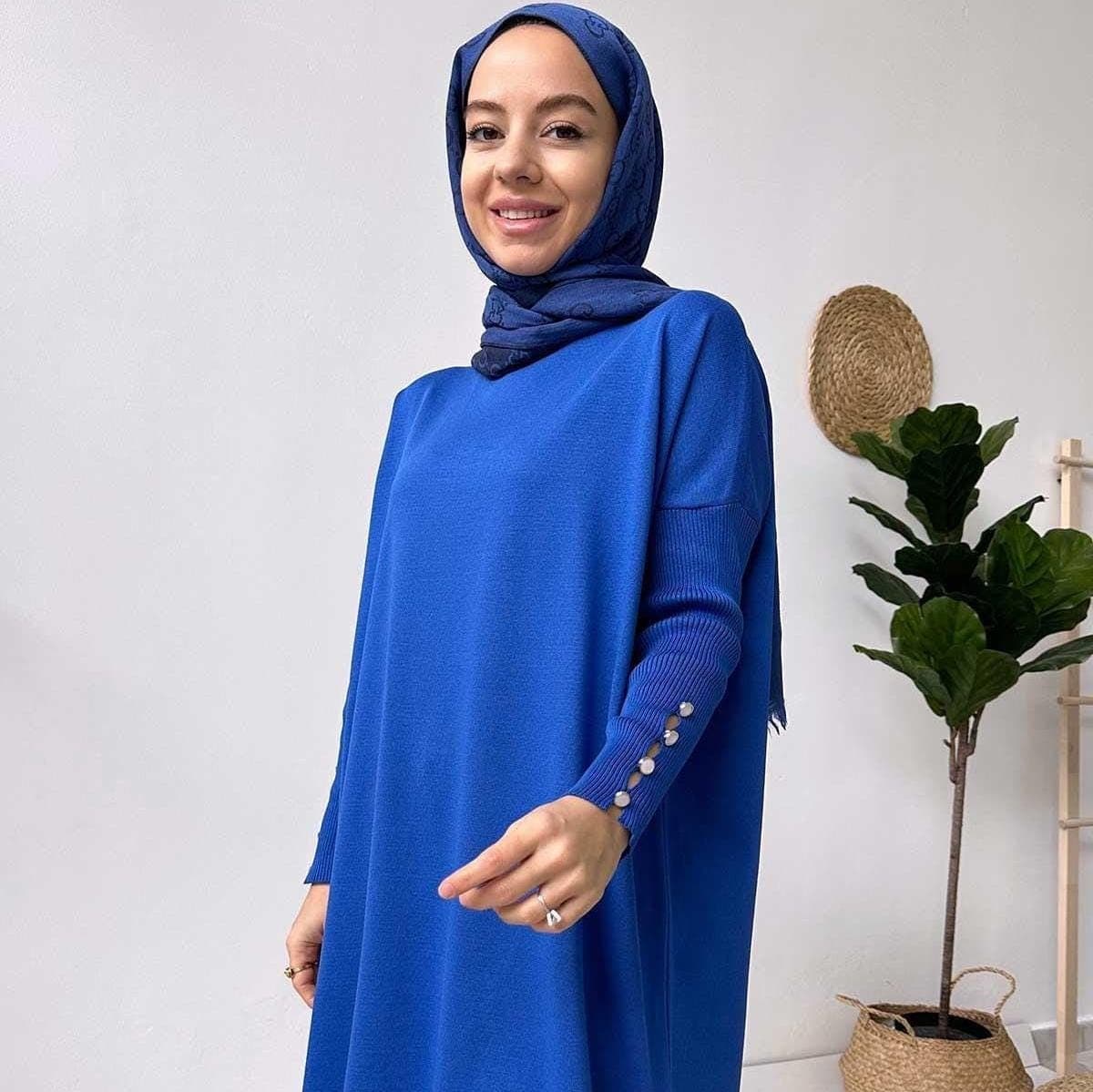 Stylish Sax Blue Mercerized Tunic with Sleeve Detail - Elegant and Comfortable Modest Fashion for Women,(KH-1795)