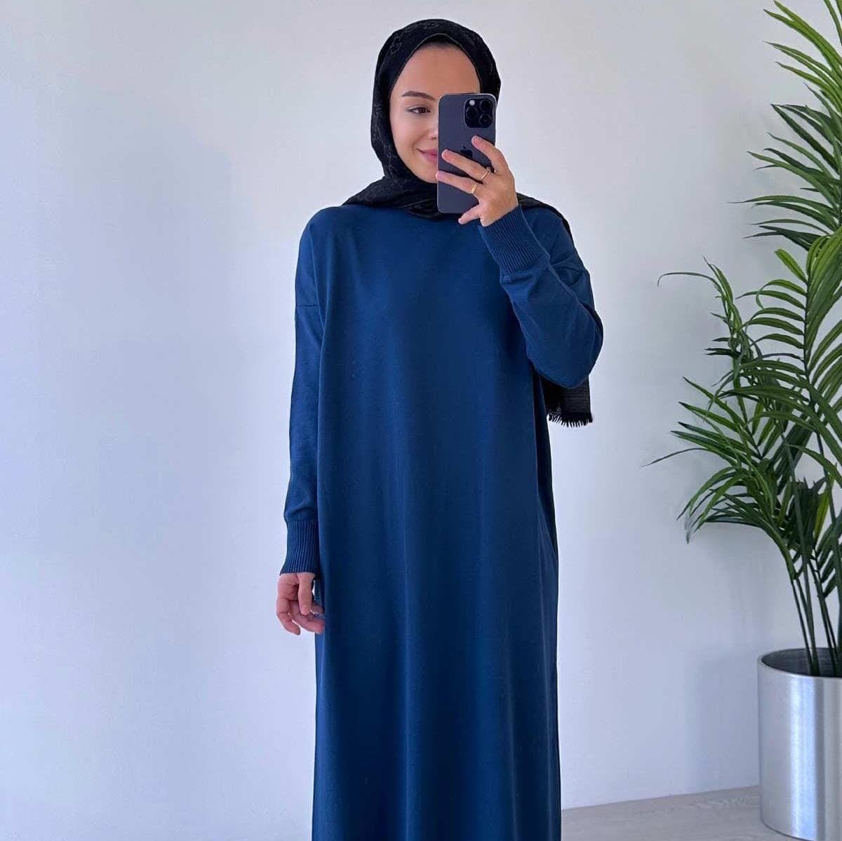Petrol Blue Mercerized Knitwear Dress - Modest Long Sleeve Women’s Fashion for Casual - Formal Wear - Soft & Comfortable Outfit,(KH-1718) - image 3