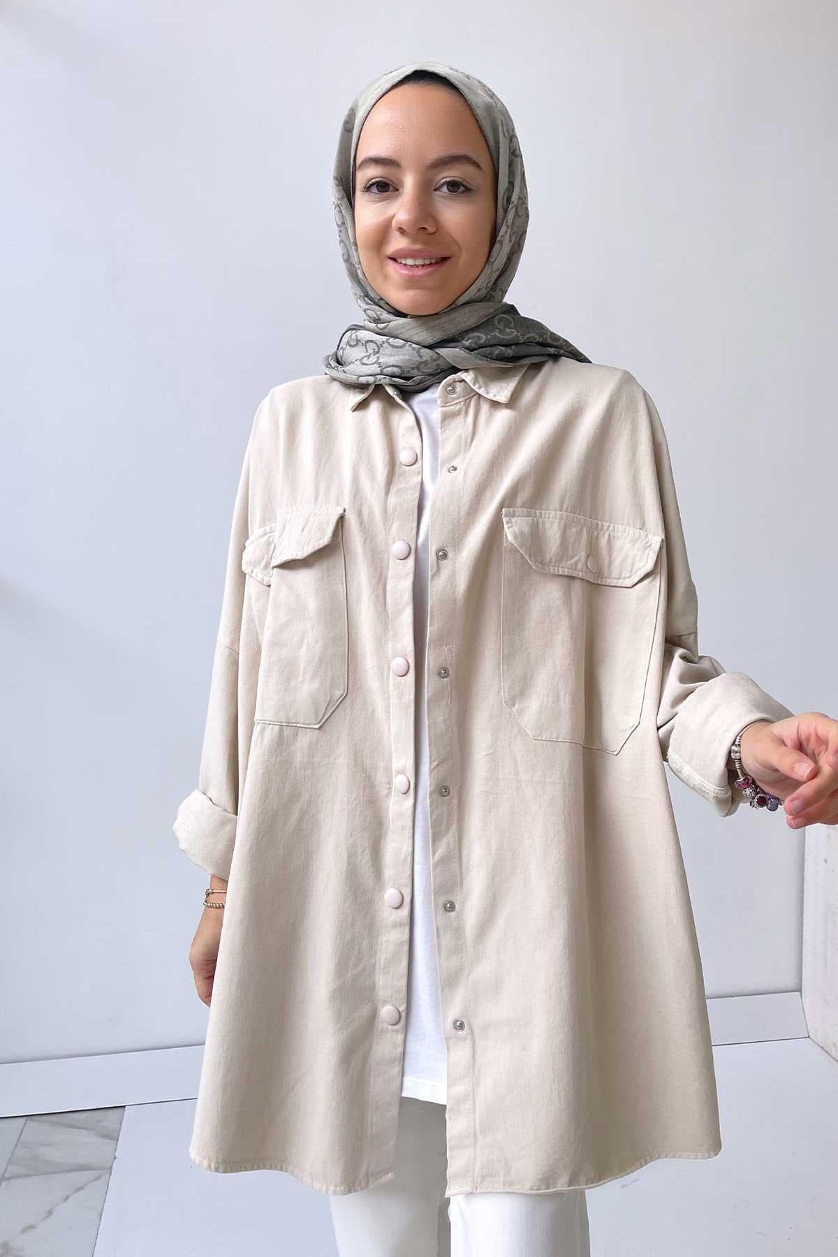 Oversized Beige Soft Shirt for Women | Relaxed Fit Casual Button-Down with Front Pockets | Trendy Modest Wear,(KH-1463) - image 3