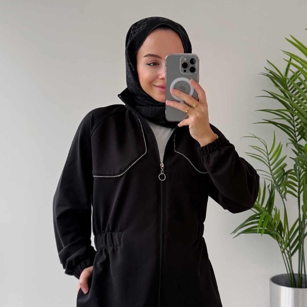 Stone Piping Waist Elastic Two Yarn Set-Black | Modest Sportswear Set , Elastic Waist & Pockets | Stylish - Comfortable,(KH-2020)