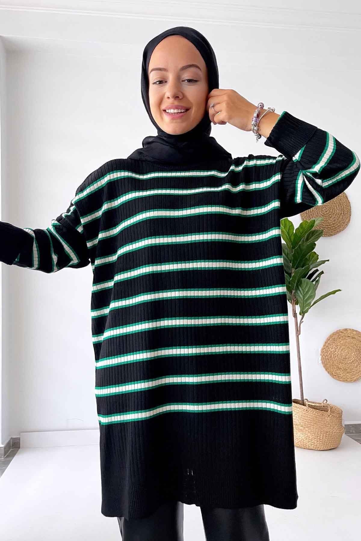 Black and Green Knitwear Tunic - Modest Striped Long Sweater for Women, Trendy and Cozy, Perfect for Casual and Everyday Wear,(KH-1339) - image 5
