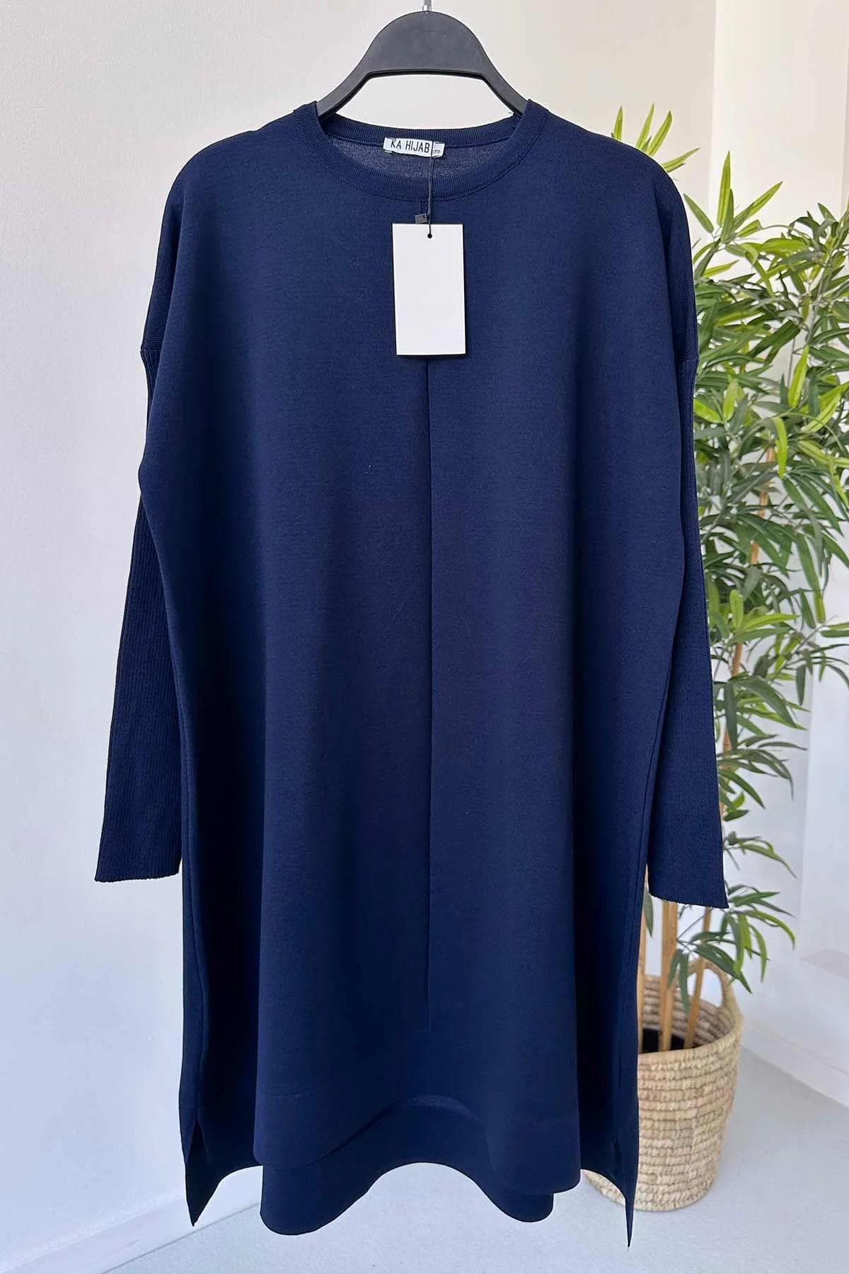 Elegant Navy Blue Mercerized Tunic for Women - Modest Fashion with Side Slit, Soft Fabric, Versatile Design for Every Season,(KH-1747) - image 2
