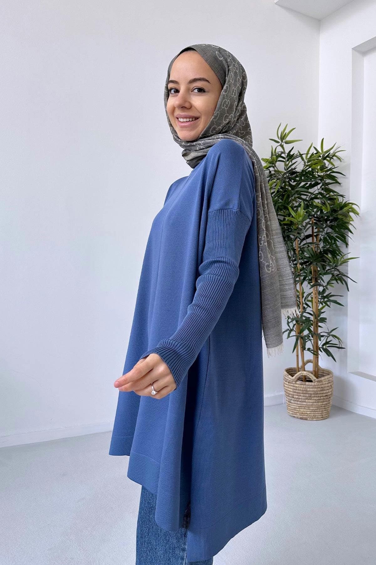 Indigo Mercerized Tunic - Women's Elegant Loose Fit Top with Side Slits, Long Sleeve, Lightweight Knit for Casual and Modest Wear,(KH-1747) - image 4
