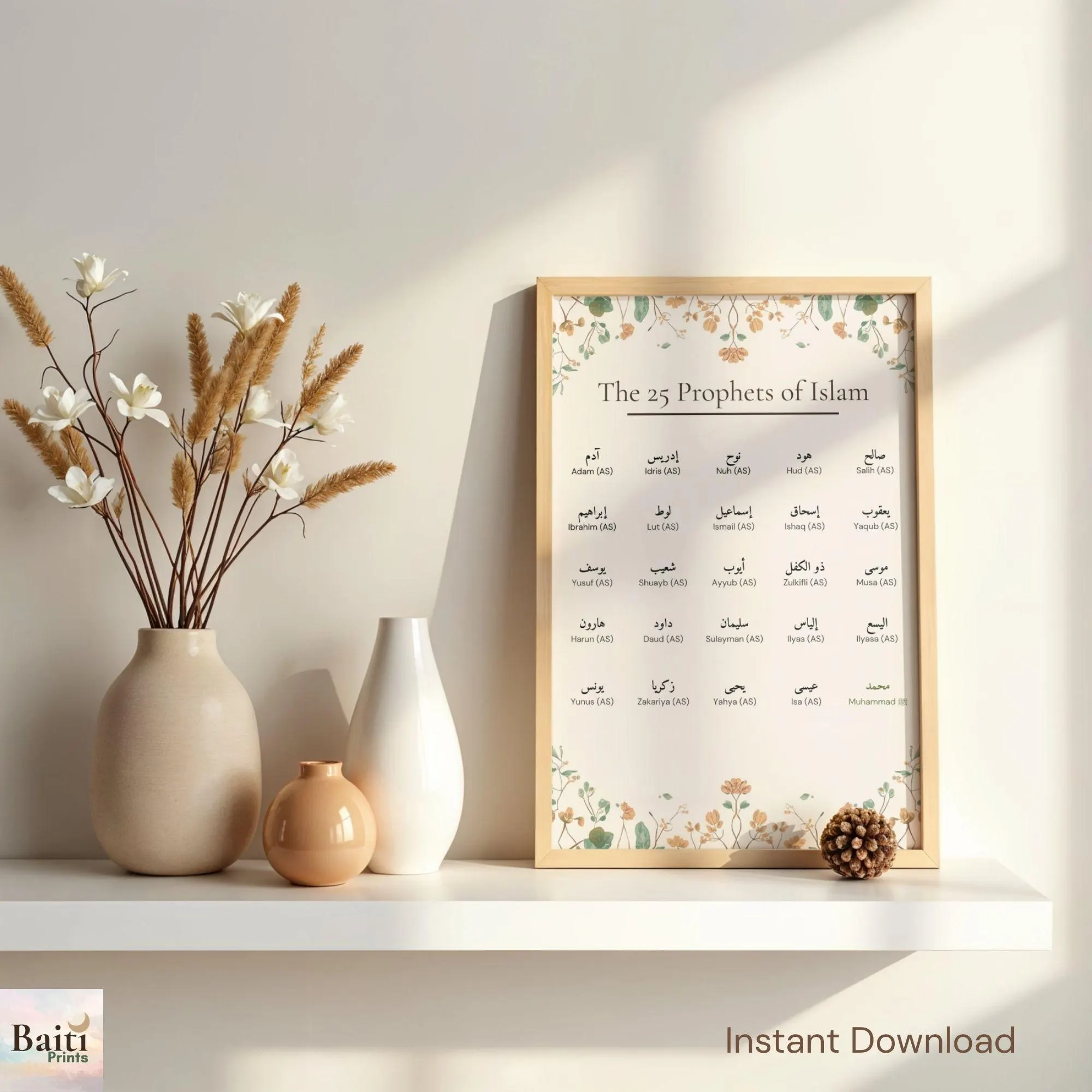 25 Prophets of Islam Wall Art, Educational Muslim Poster, Arabic Calligraphy (Instant Download)