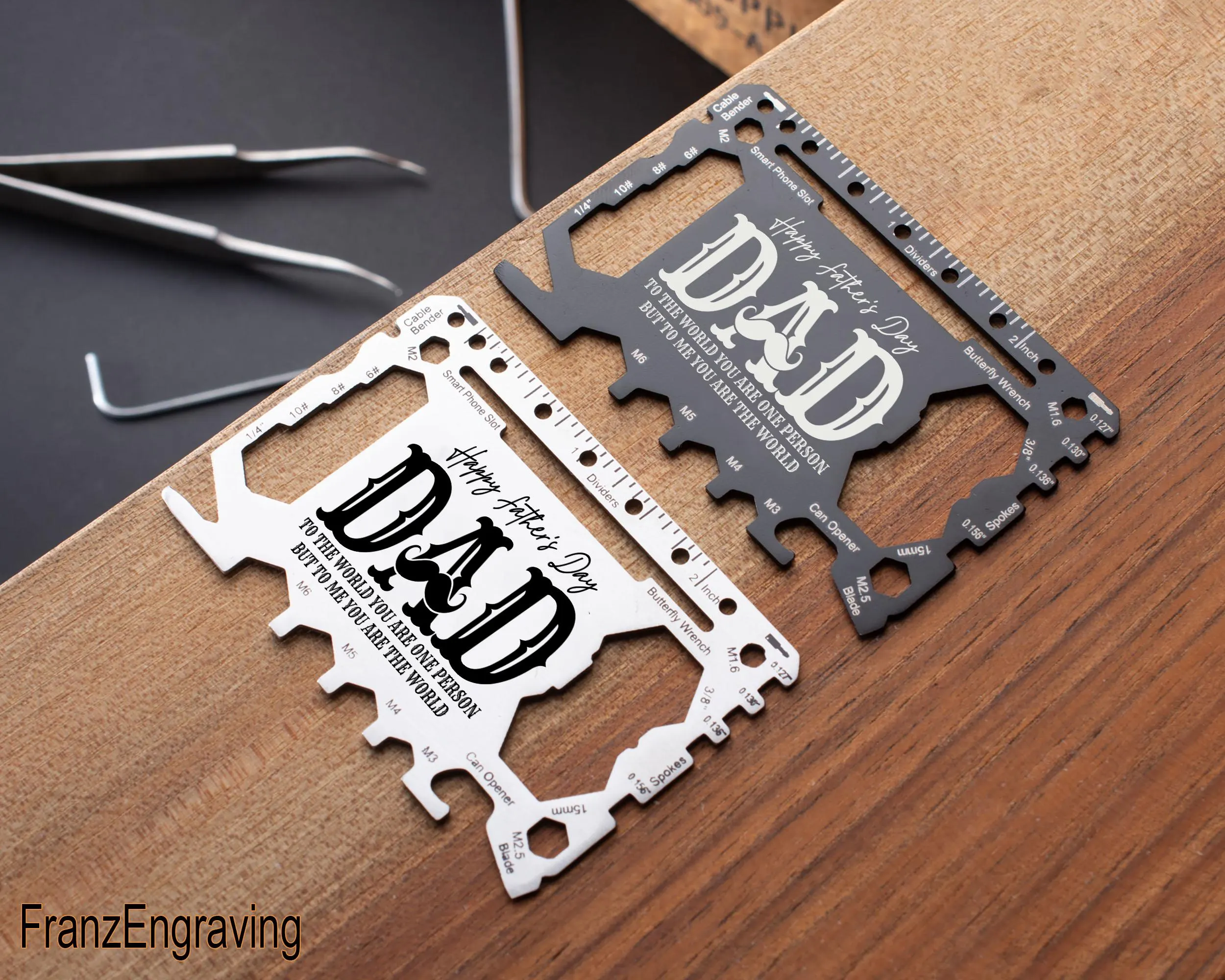 Happy Fathers Day Dad Engraved Multitool Wallet Card, You Are The World Quote, Mustache EDC Tool, Sentimental Dad Gift - image 3