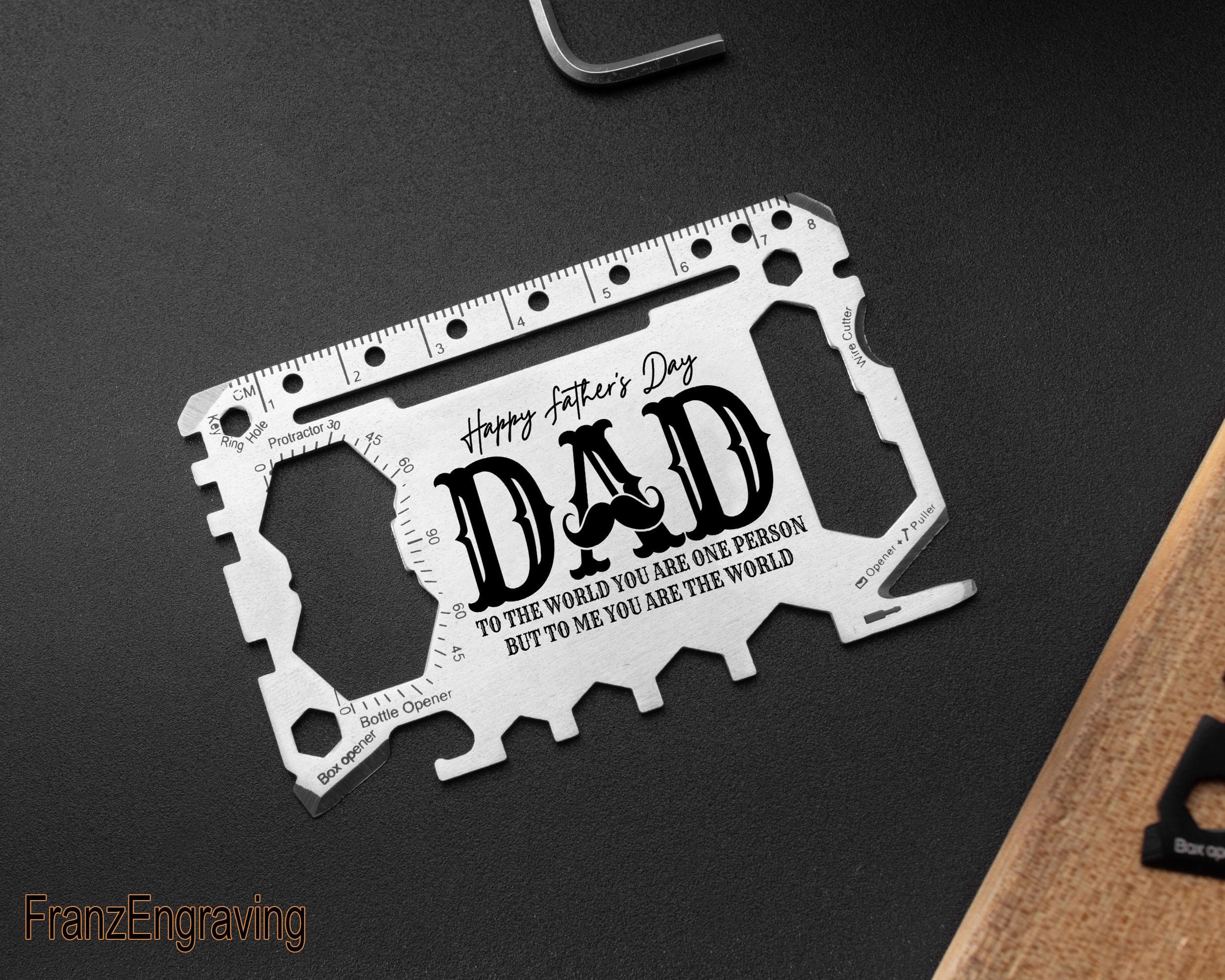 Happy Fathers Day Dad Engraved Multitool Wallet Card, You Are The World Quote, Mustache EDC Tool, Sentimental Dad Gift