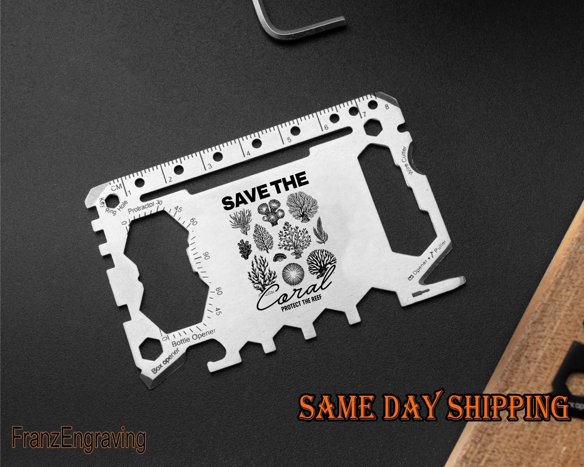 Save The Coral Multitool Card: Engraved Reef, Stainless Steel Wallet Tool