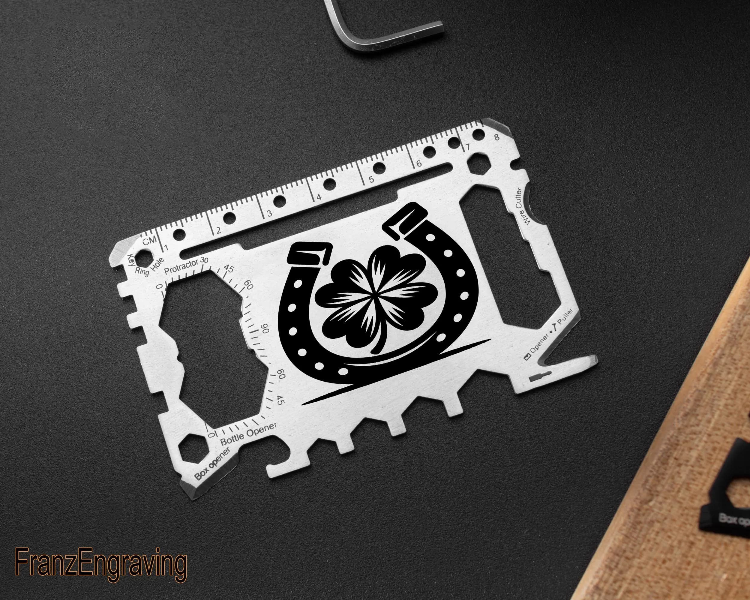 Lucky Horseshoe Clover Multitool Card | Four Leaf Clover Engraved Wallet Tool | Gift for Horse Lovers | Lucky Charm EDC Gift