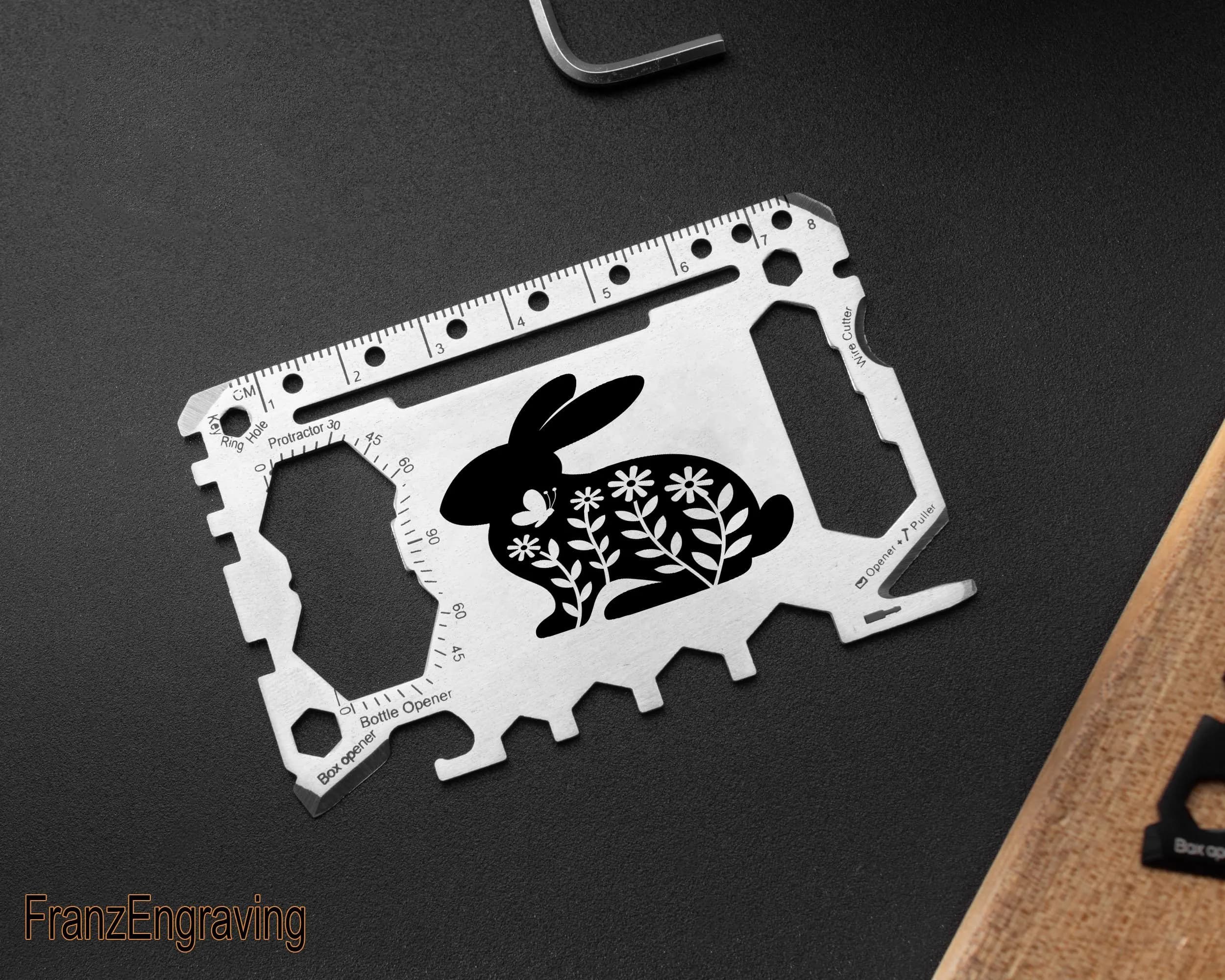 Floral Rabbit Silhouette Multitool Wallet Card, Engraved Bunny EDC Tool, Easter Gift for Her, Personalized Spring Card