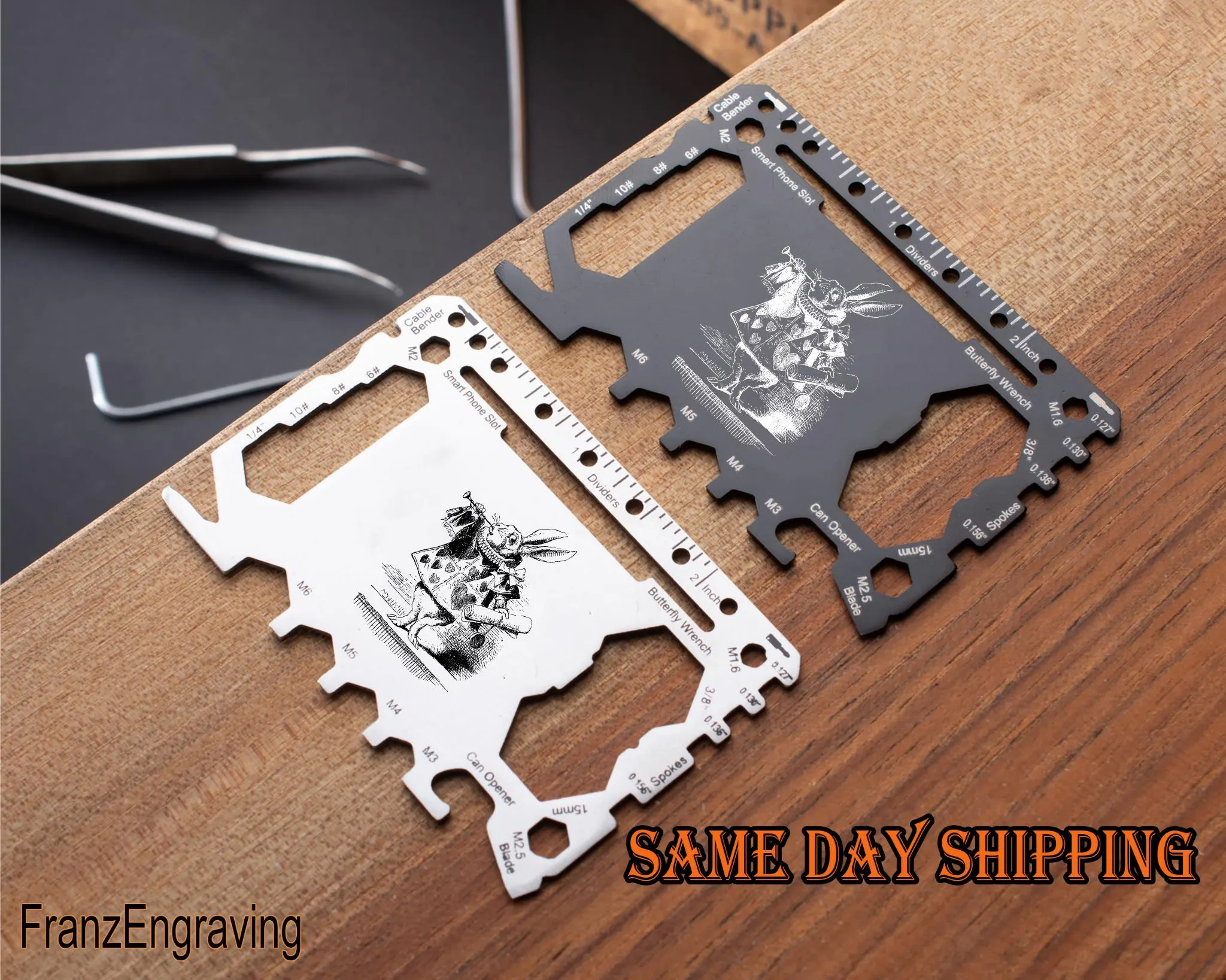 Alice in Wonderland White Rabbit Multi Tool Card: Engraved Stainless Steel Wallet Tool - image 3