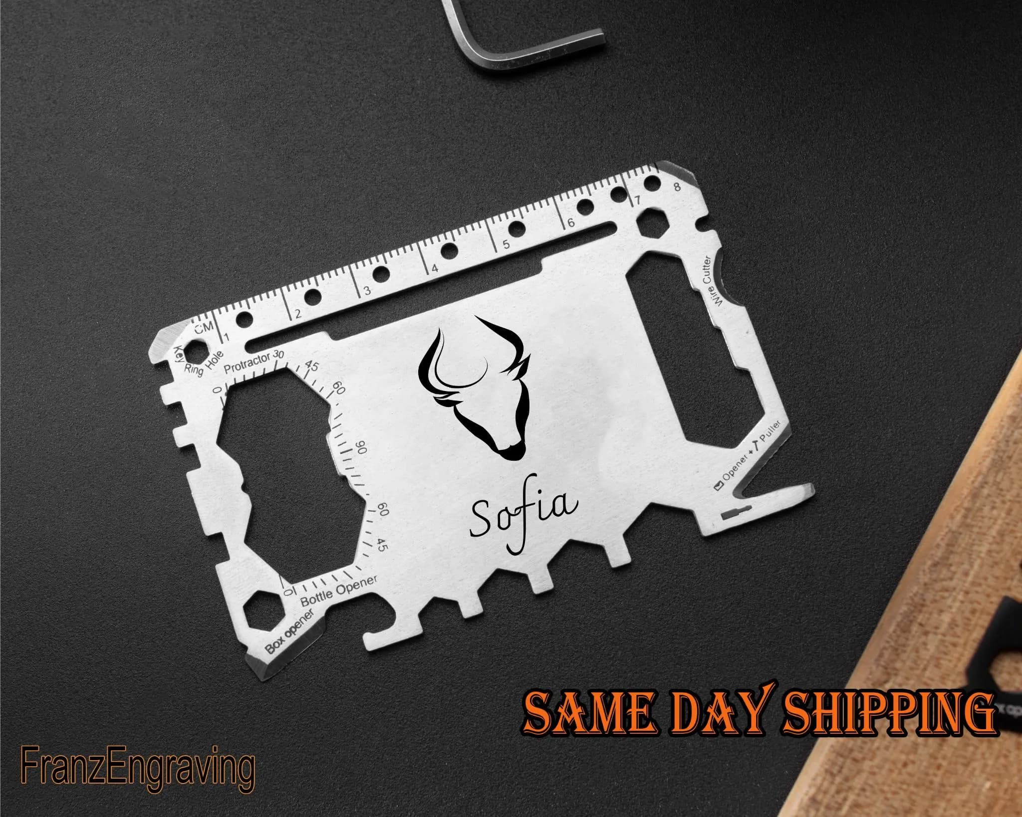 Taurus Zodiac Multi Tool Card, Personalized 18-in-1 Wallet Tool, Custom Name Engraved Gift for Him, Bottle Opener, Ruler, Screwdriver