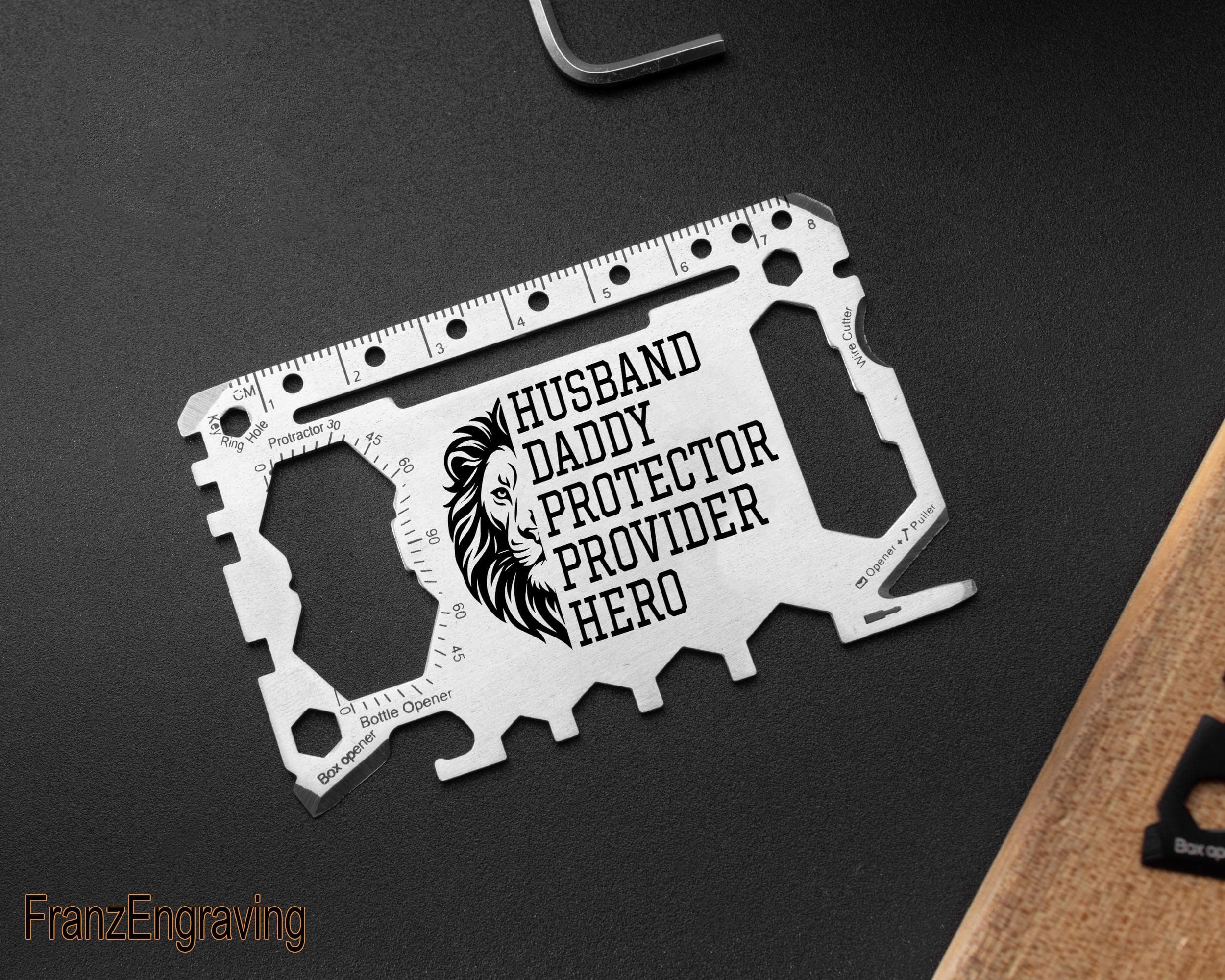 Husband Daddy Protector Provider Hero Multitool Wallet Card, Engraved Lion EDC Tool, Fathers Day Gift for Him, Personalized Dad Card