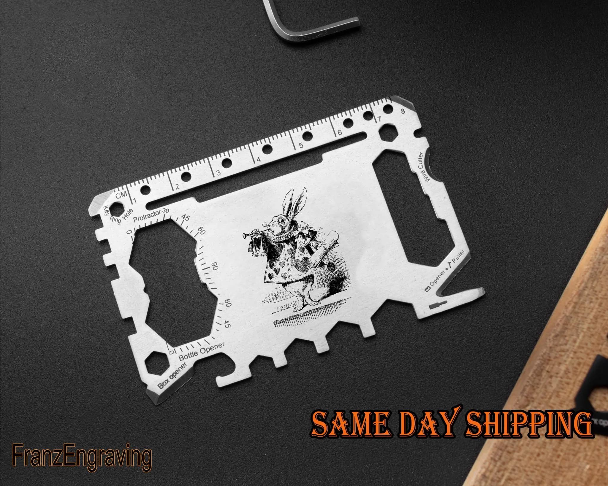 Alice in Wonderland White Rabbit Multi Tool Card: Engraved Stainless Steel Wallet Tool