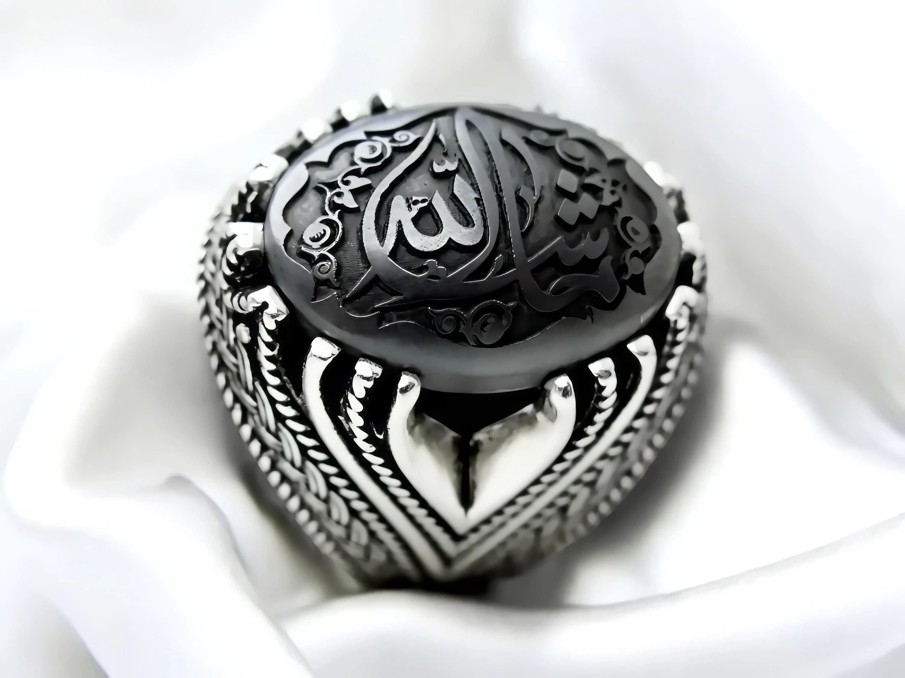 Engraved Hematite Sterling Silver 925 Man Ring: Islamic Prayers - image 2