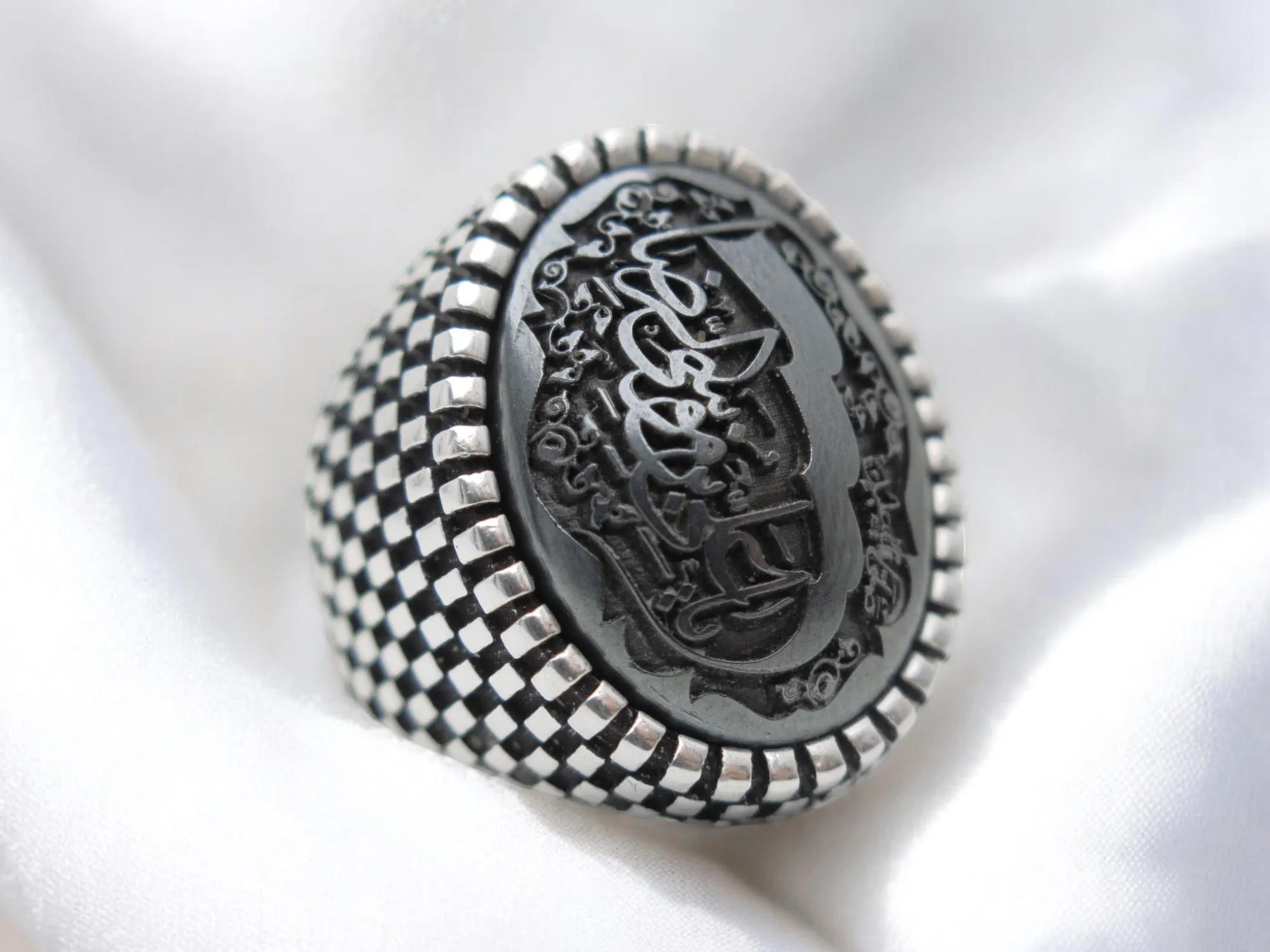 Men's 925 Silver Hematite Islamic Ring: Imam Reza Arabic Script - image 2