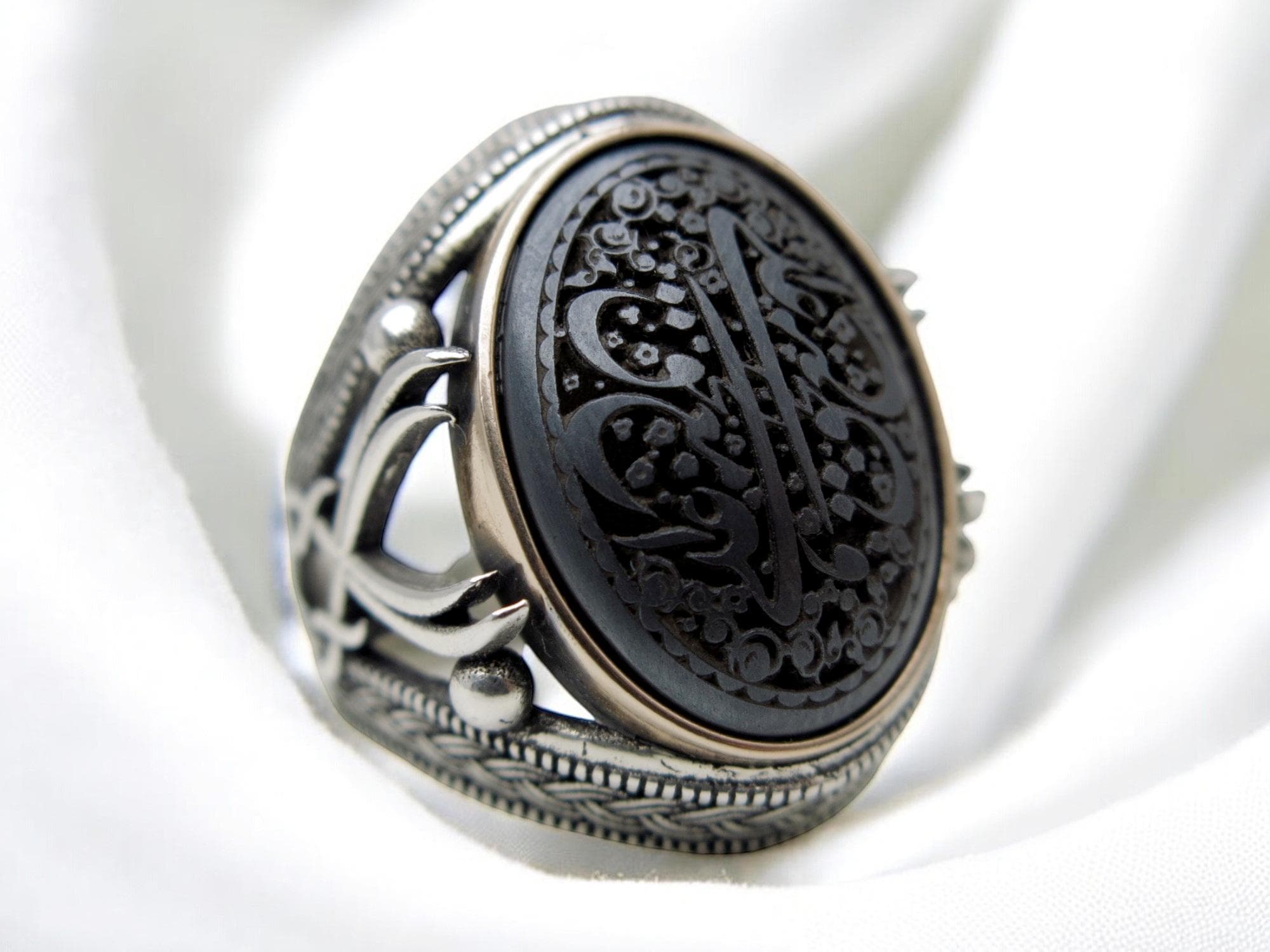 Handcrafted Sterling Silver Islamic Ring: Engraved Hematite Gemstone