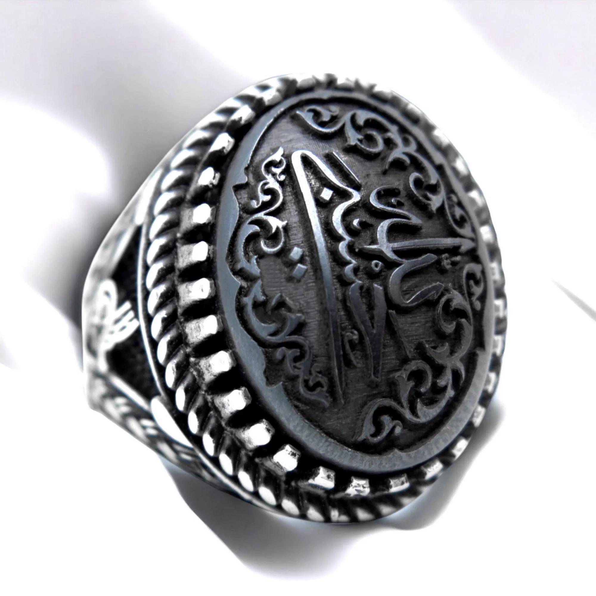 Hematite & Sterling Silver Islamic Ring: Hasbi Allah Arabic Calligraphy - image 2